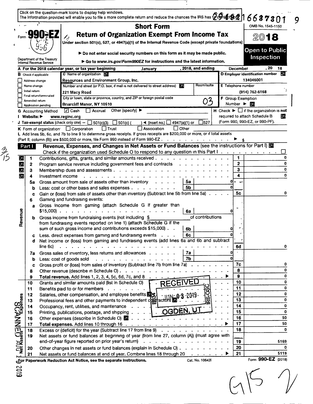 Image of first page of 2018 Form 990EZ for Resources and Environment Group