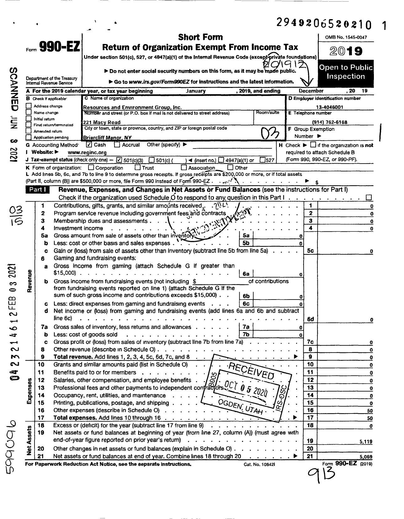 Image of first page of 2019 Form 990EZ for Resources and Environment Group