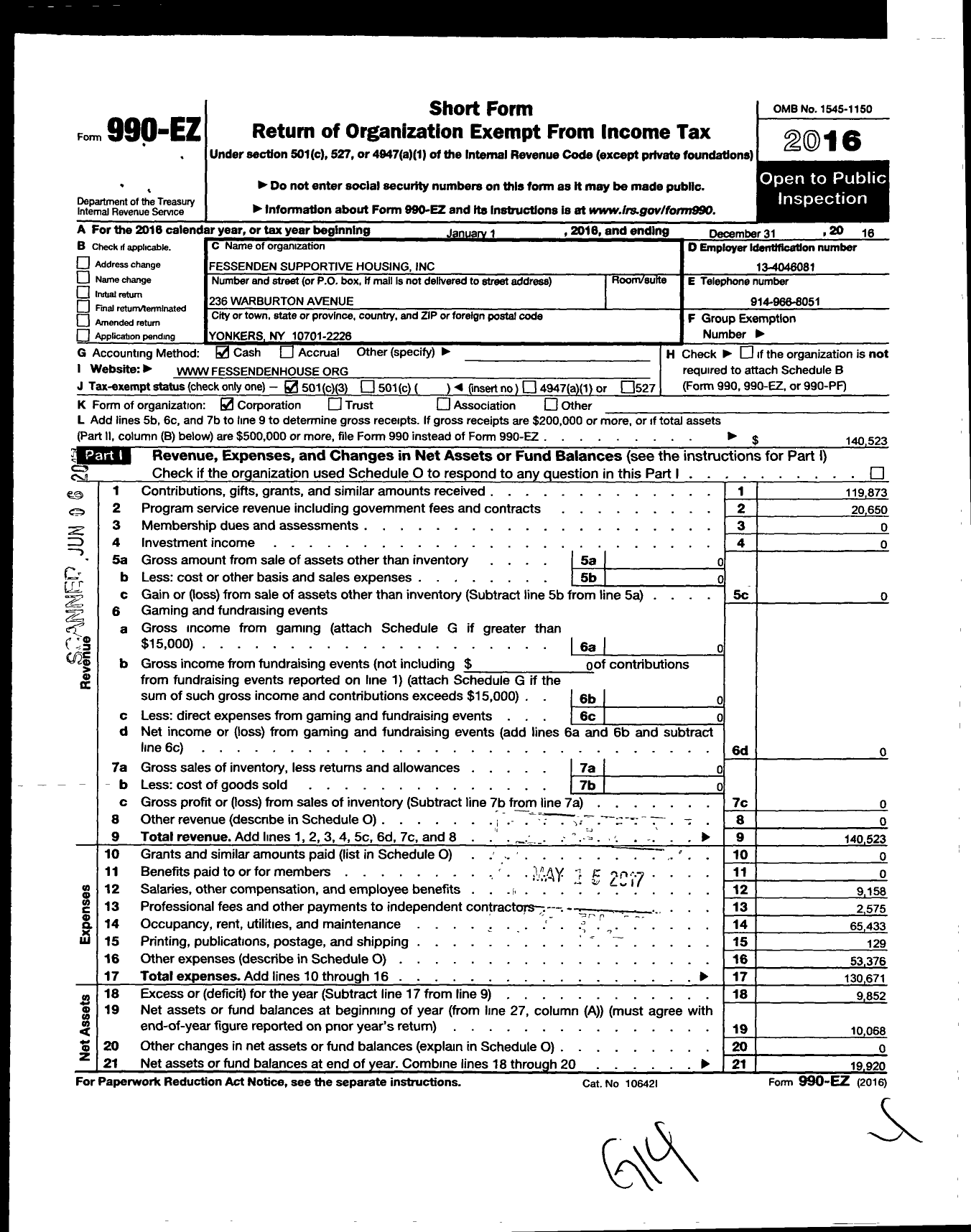 Image of first page of 2016 Form 990EZ for Fessenden Supportive Housing