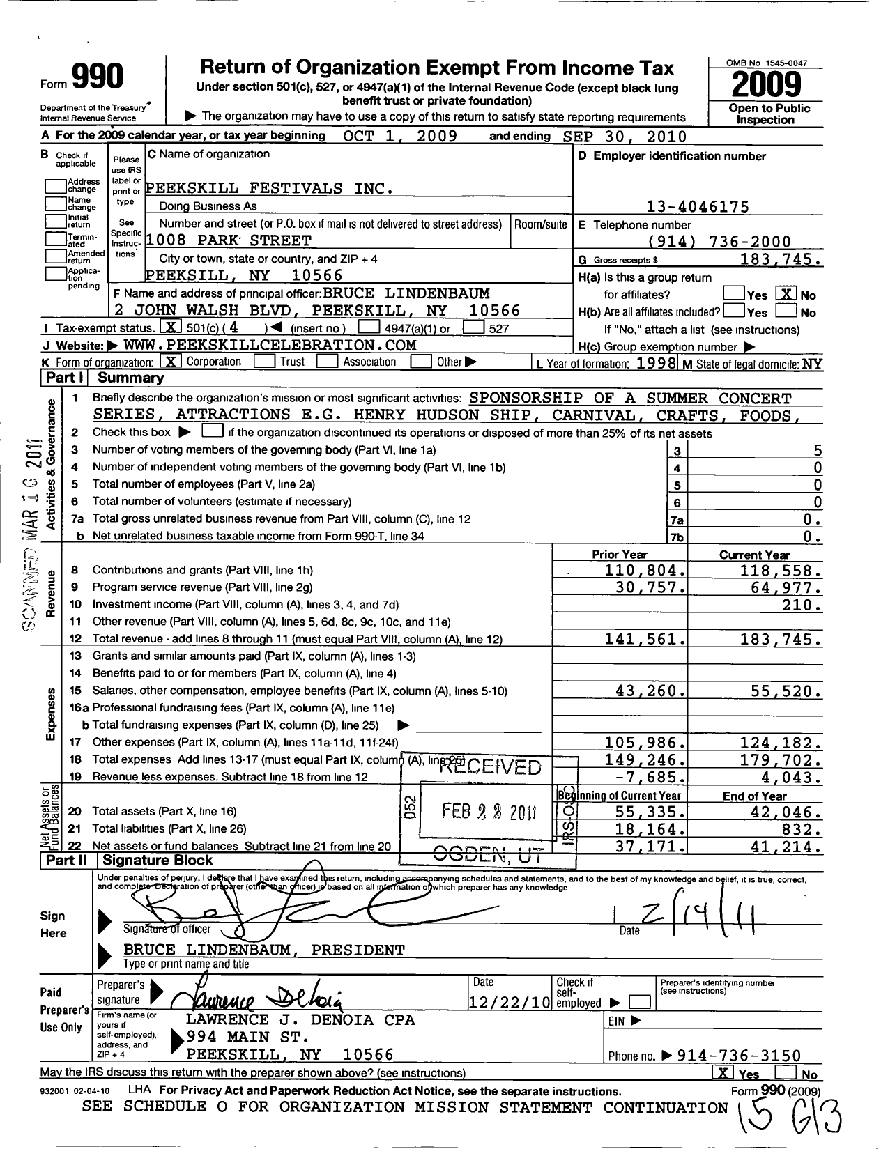 Image of first page of 2009 Form 990O for Peekskill Festivals Incorporated