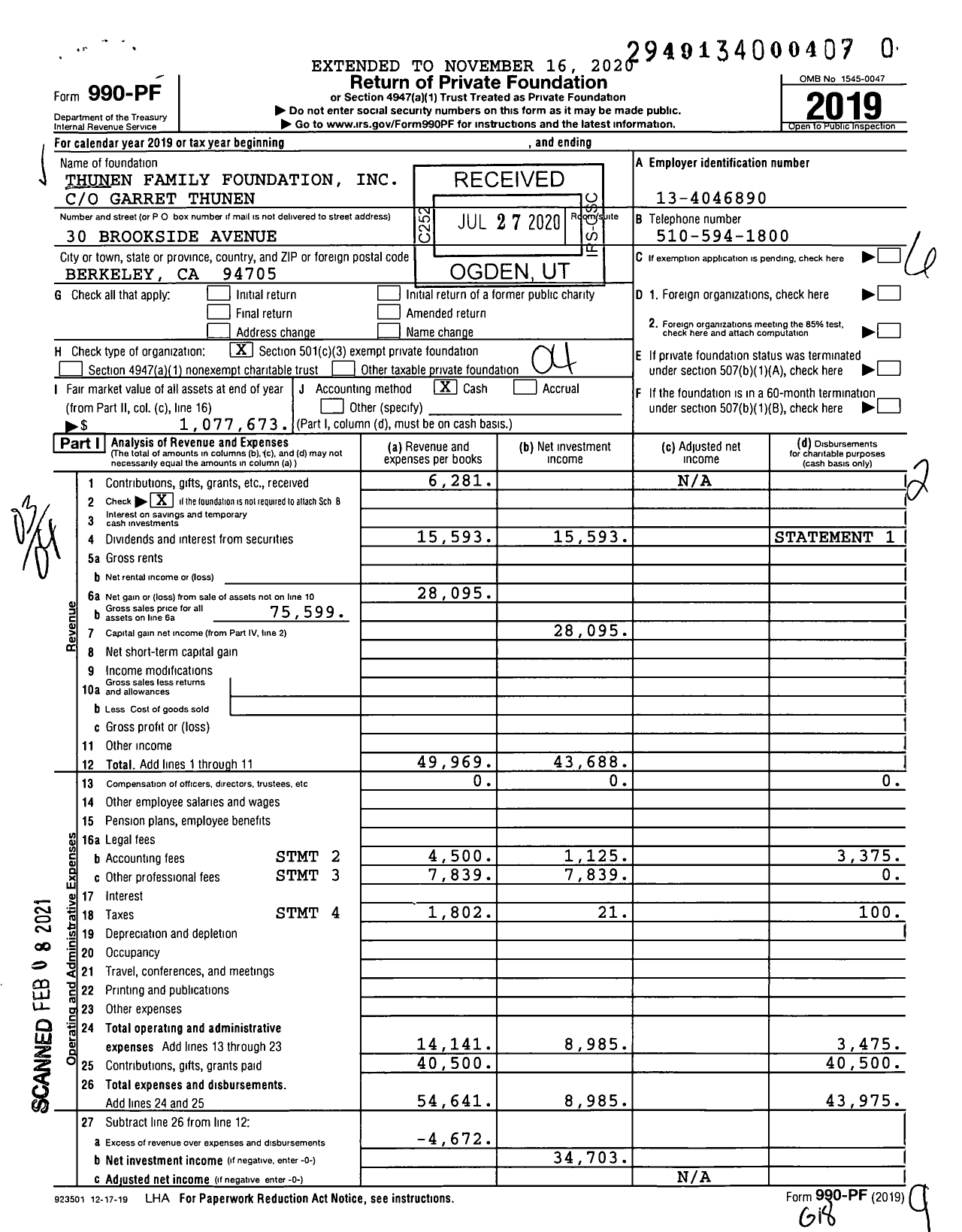 Image of first page of 2019 Form 990PF for Thunen Family Foundation