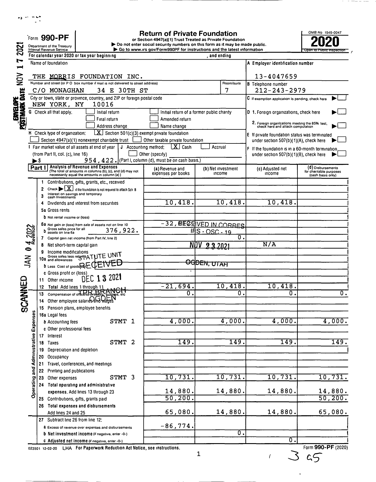 Image of first page of 2020 Form 990PA for The Morris Foundation