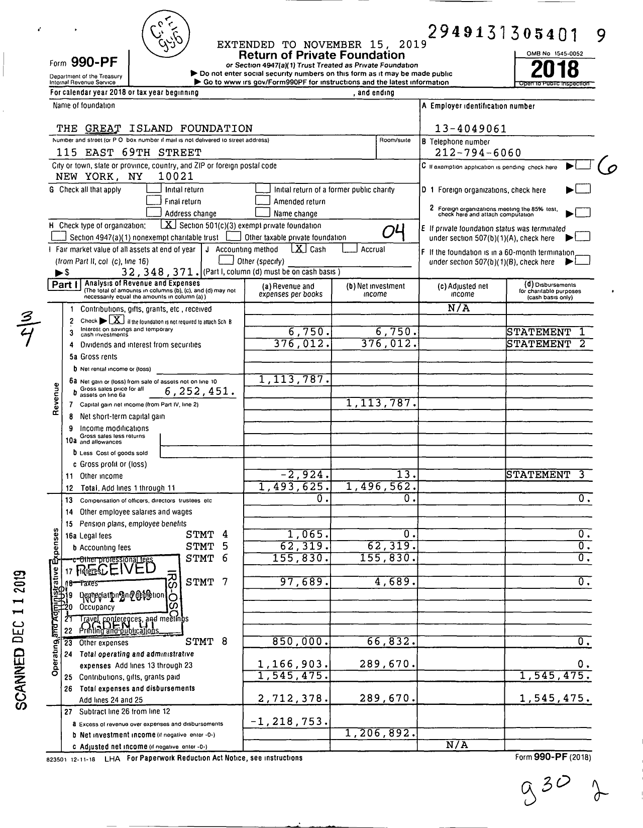 Image of first page of 2018 Form 990PF for The Great Island Foundation