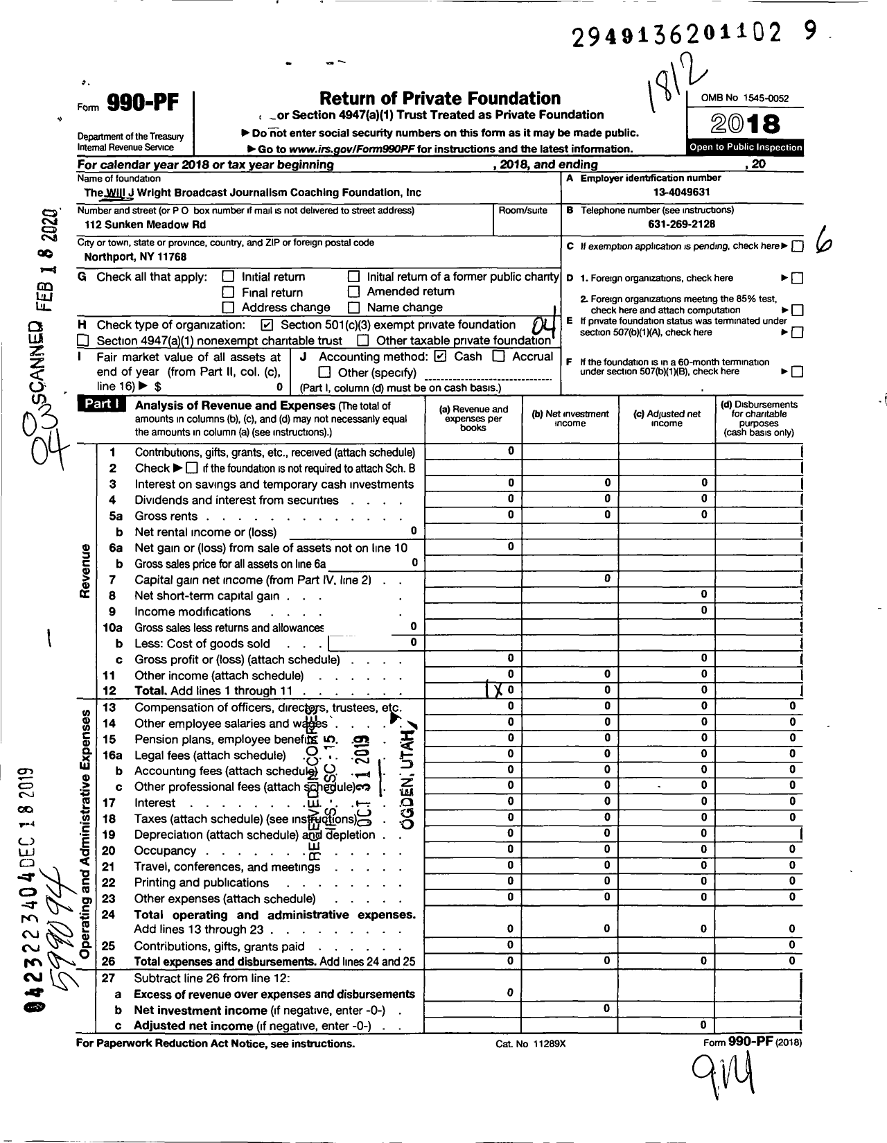 Image of first page of 2018 Form 990PF for Will J Wright Broadcast Journalism Coaching Foundation