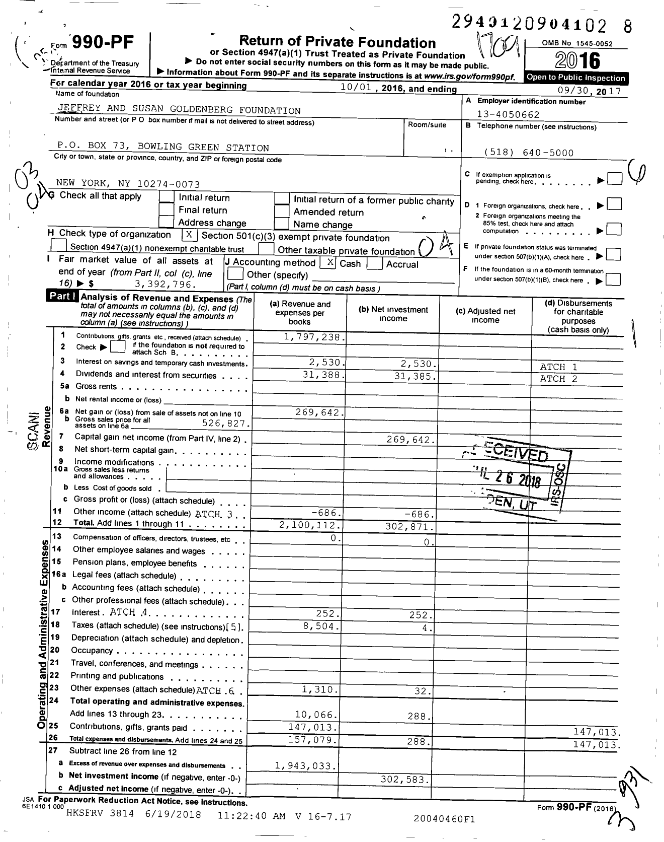 Image of first page of 2016 Form 990PF for Jeffrey and Susan Goldenberg Foundation