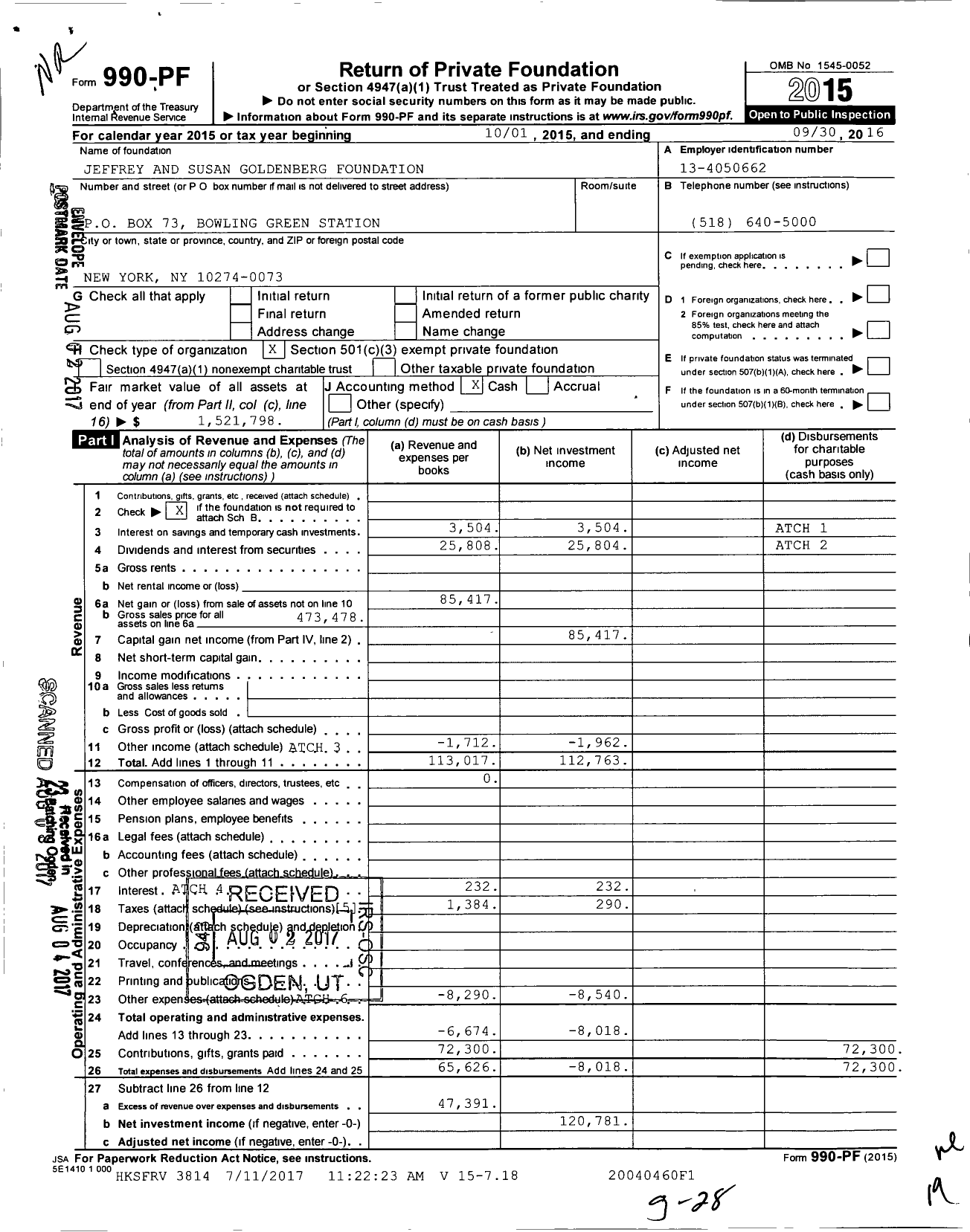 Image of first page of 2015 Form 990PF for Jeffrey and Susan Goldenberg Foundation