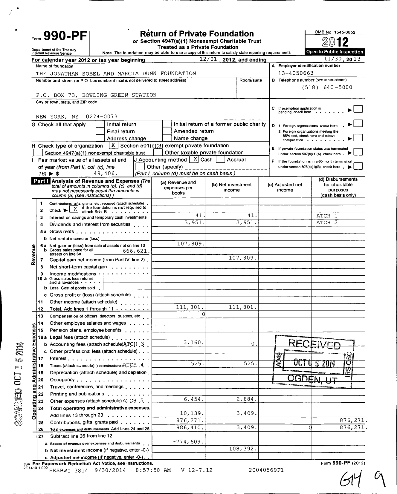 Image of first page of 2012 Form 990PF for The Jonathan Sobel and Marcia Dunn Foundation