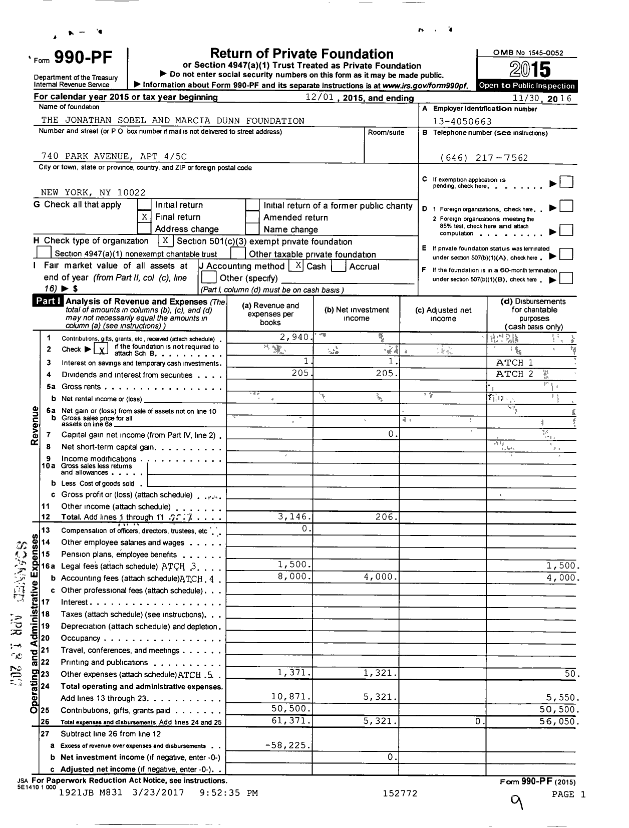 Image of first page of 2015 Form 990PF for The Jonathan Sobel and Marcia Dunn Foundation