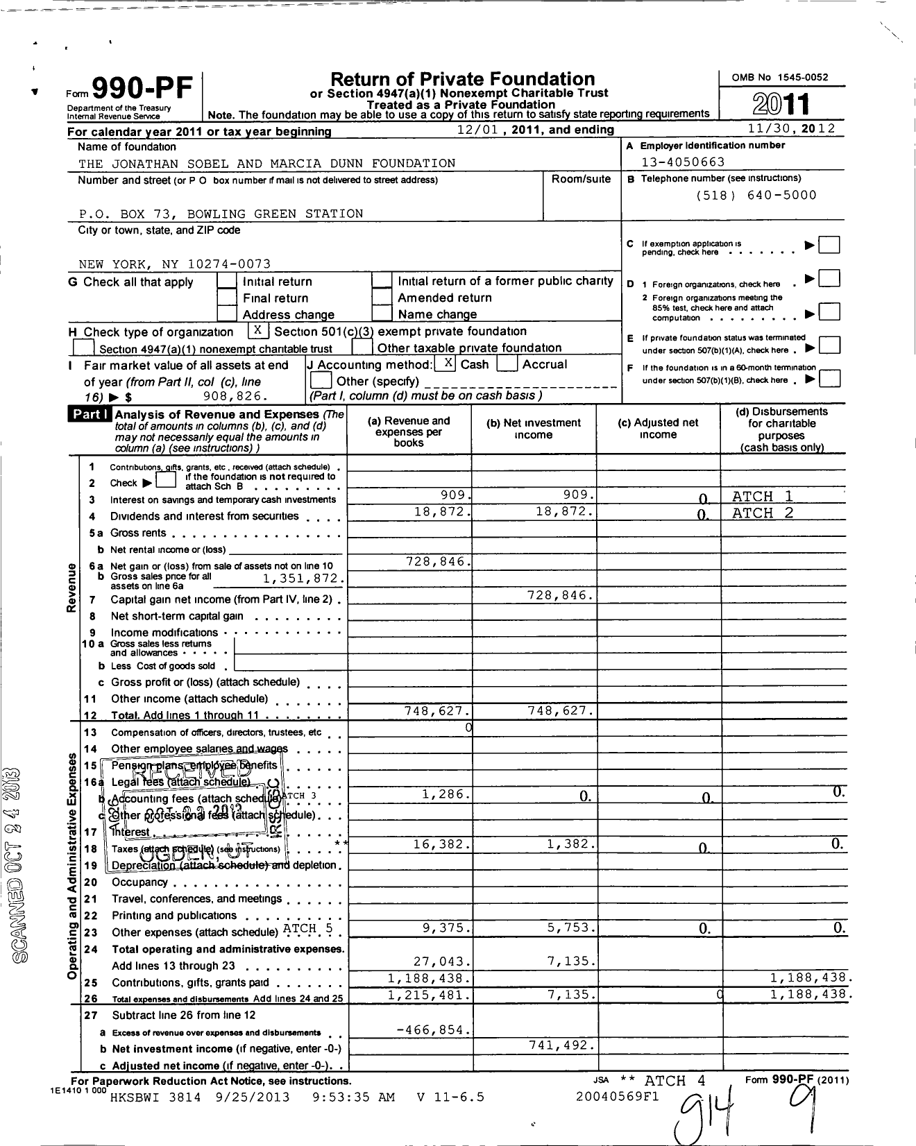 Image of first page of 2011 Form 990PF for The Jonathan Sobel and Marcia Dunn Foundation