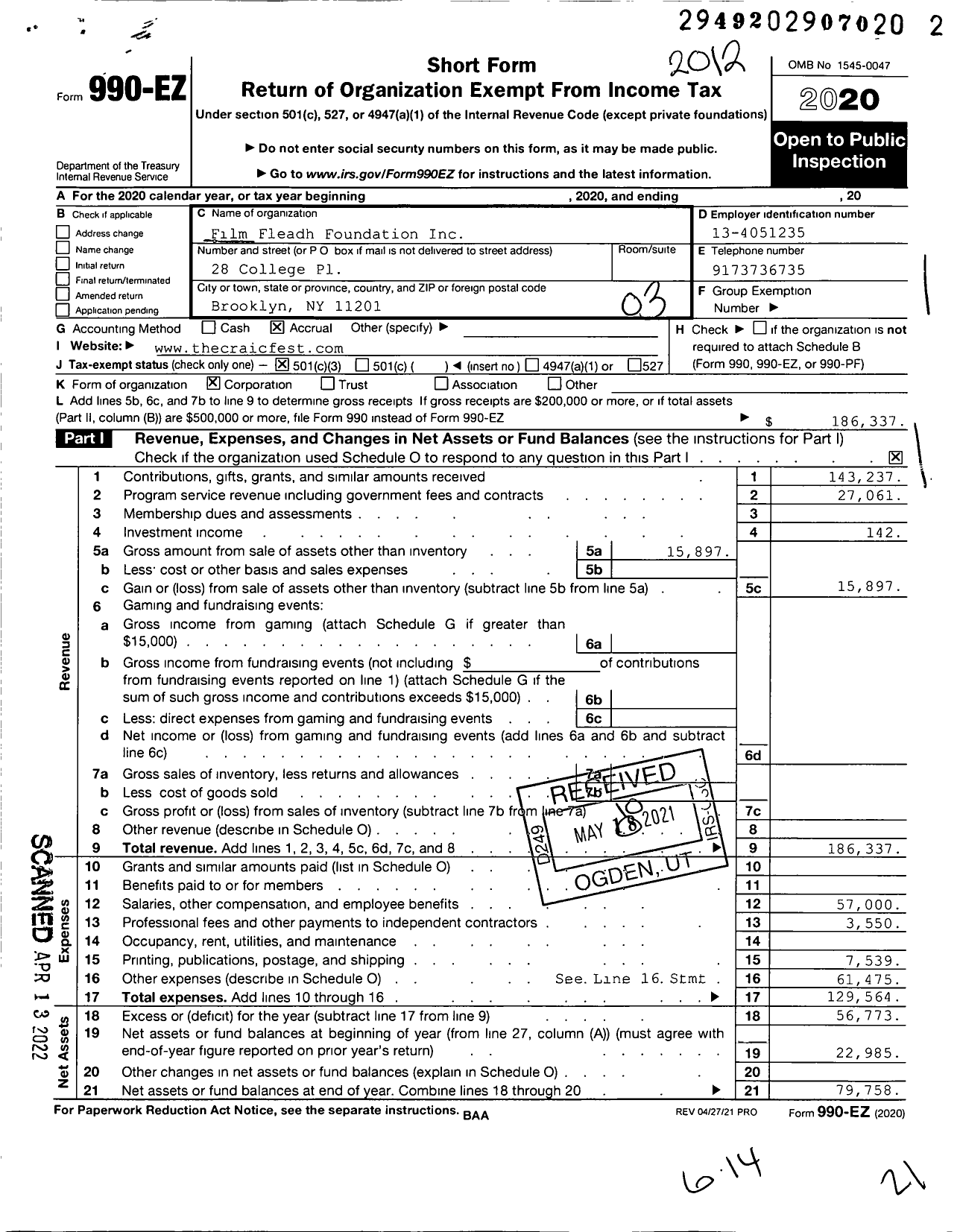 Image of first page of 2020 Form 990EZ for Film Fleadh Foundation