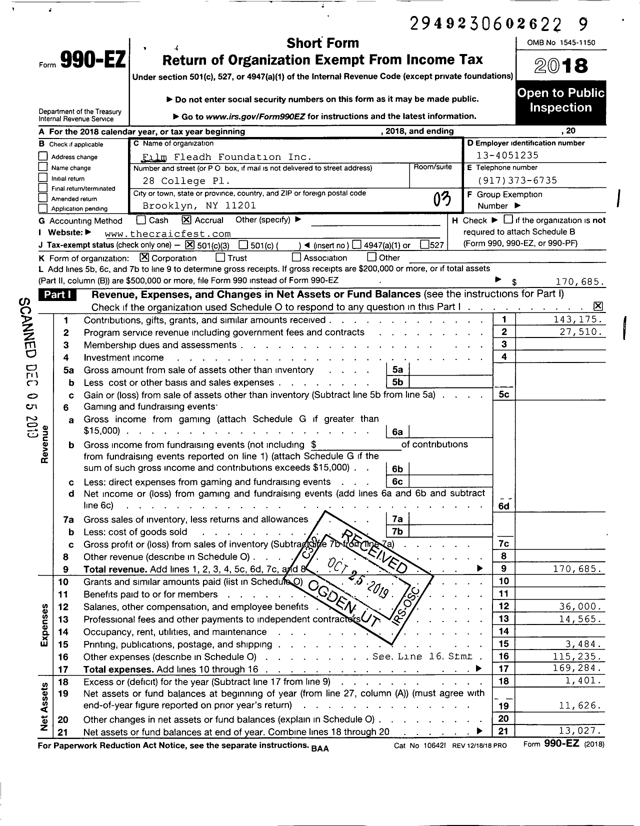 Image of first page of 2018 Form 990EZ for Film Fleadh Foundation