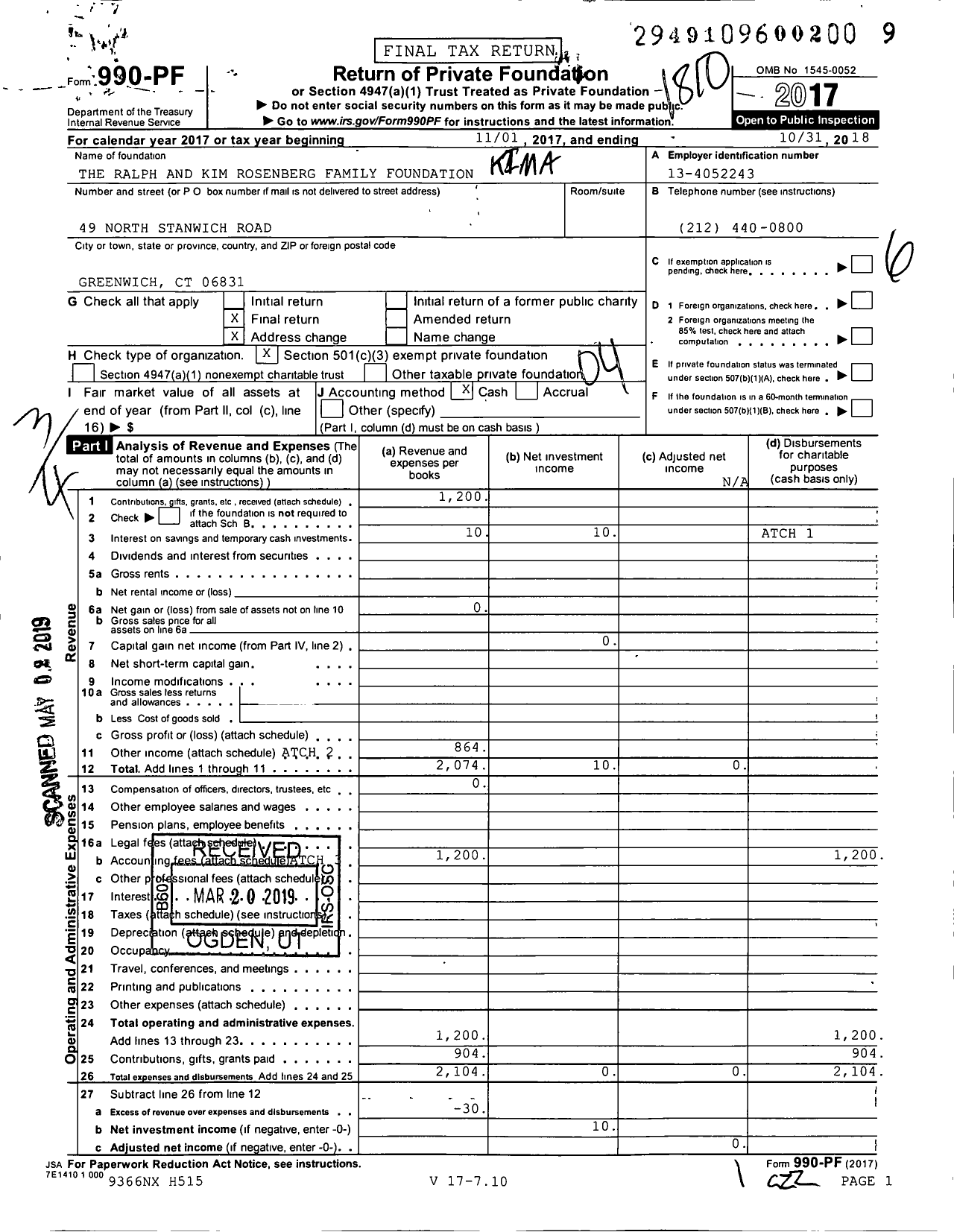 Image of first page of 2017 Form 990PF for Kim and Ralph Rosenberg Foundation