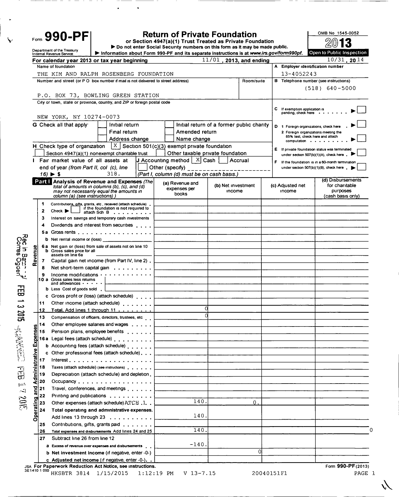 Image of first page of 2013 Form 990PF for Kim and Ralph Rosenberg Foundation