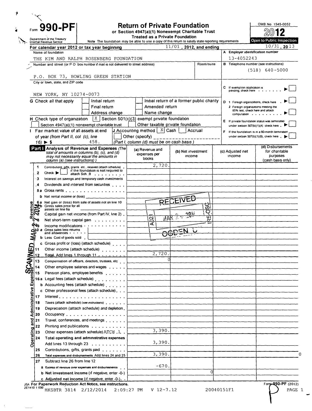 Image of first page of 2012 Form 990PF for Kim and Ralph Rosenberg Foundation