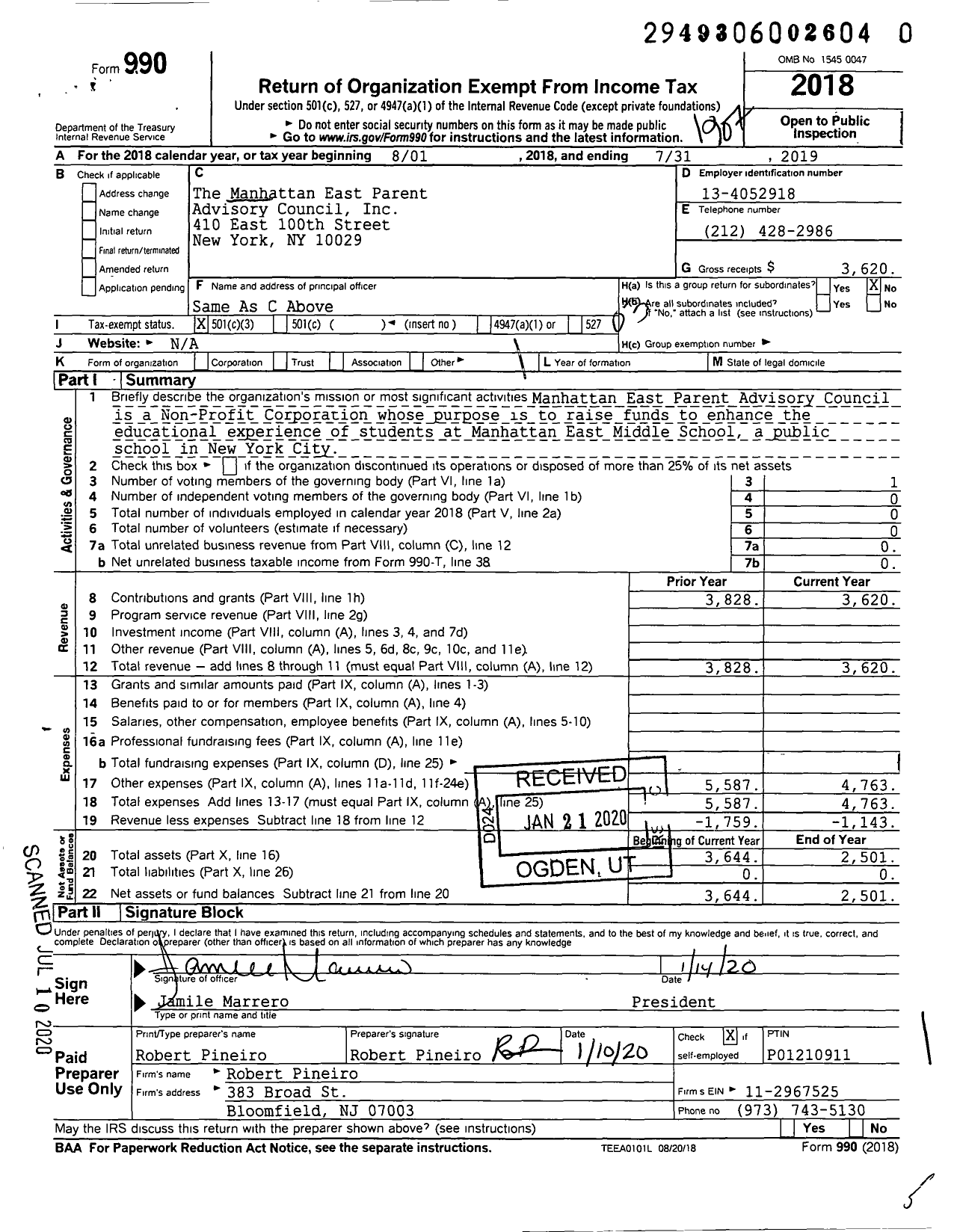 Image of first page of 2018 Form 990 for The Manhattan East Parent Advisory Council