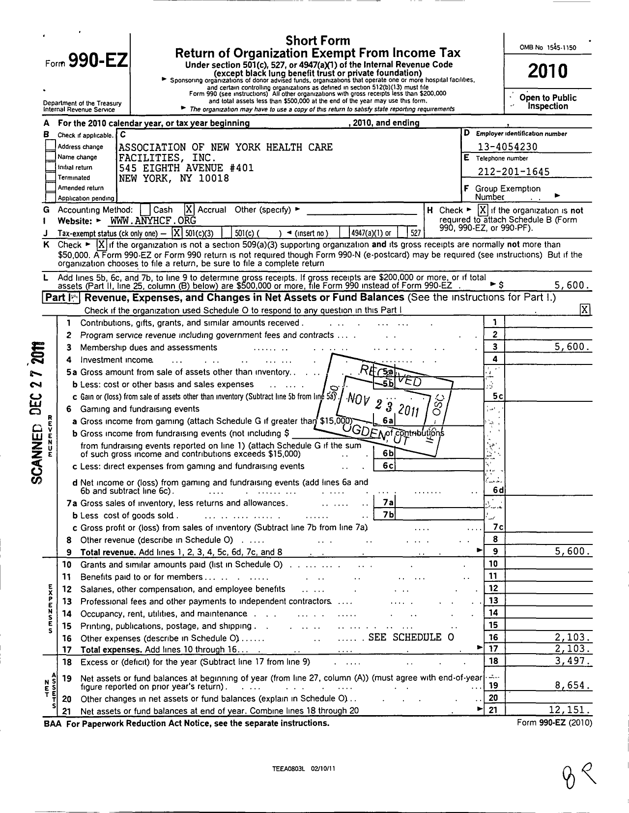 Image of first page of 2010 Form 990EZ for Association of New York Health Care Facilities