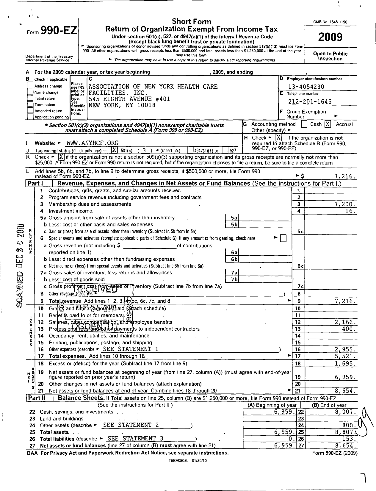 Image of first page of 2009 Form 990EZ for Association of New York Health Care Facilities