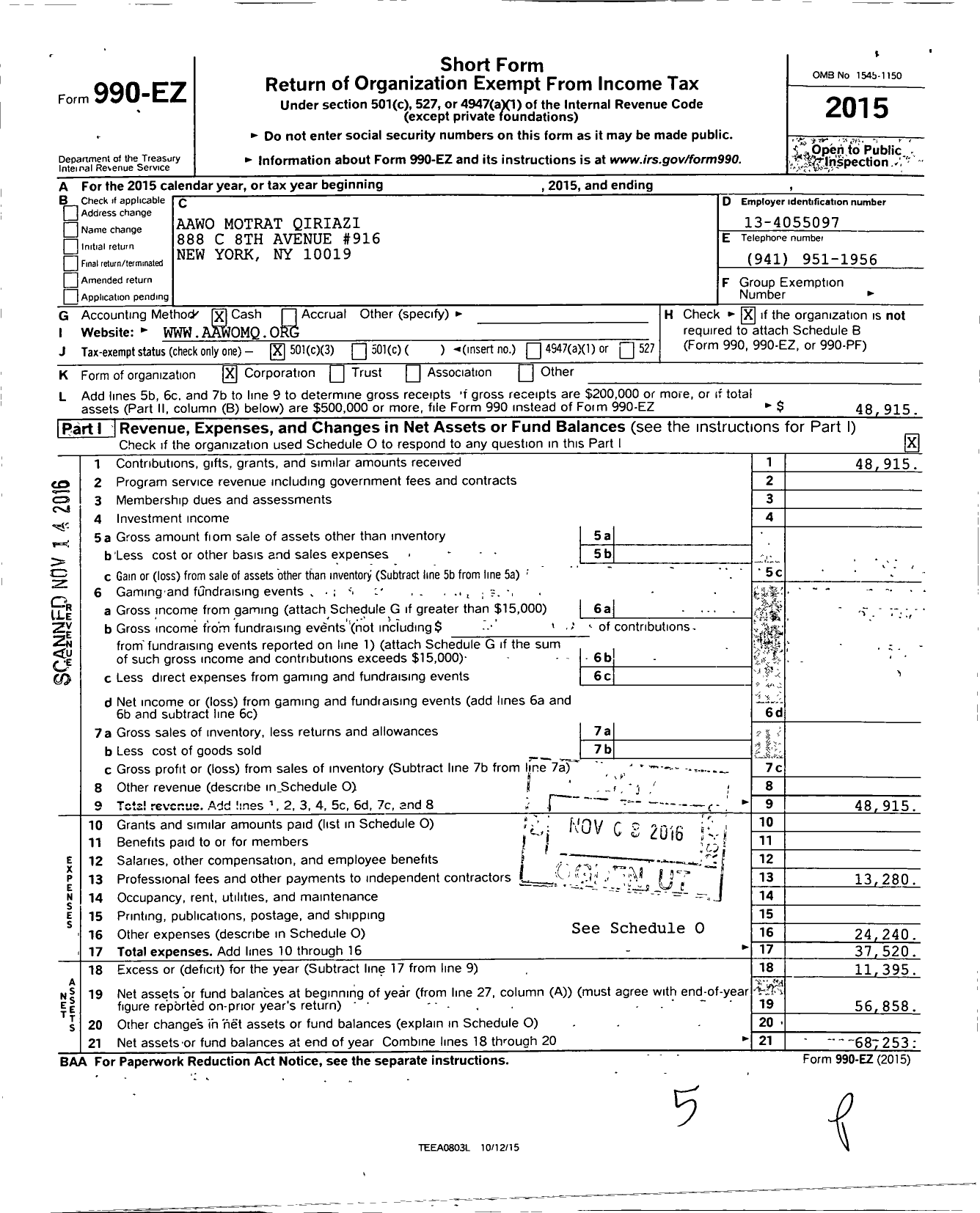 Image of first page of 2015 Form 990EZ for Albanian American Womens Organiztn Motrat Qriazi