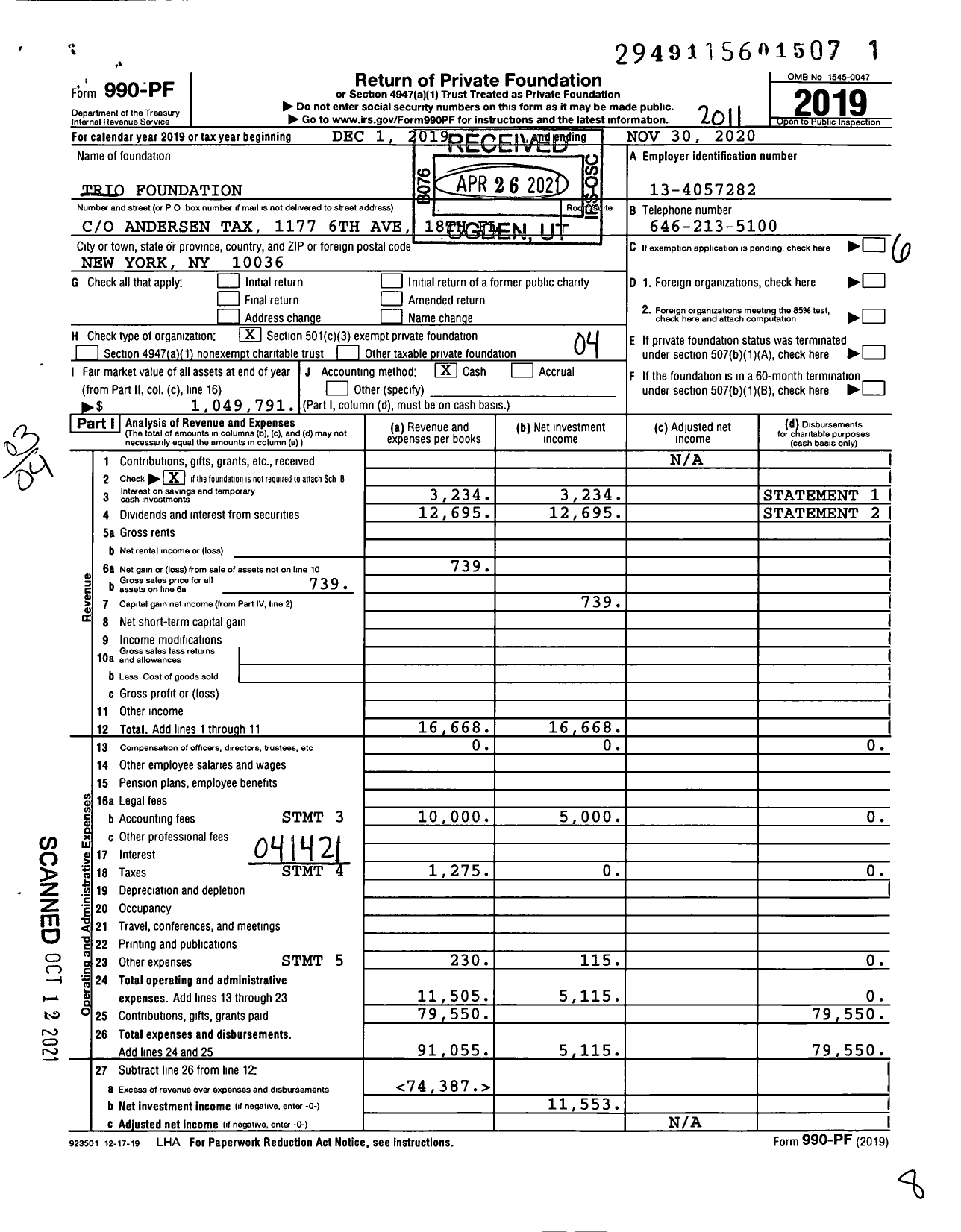 Image of first page of 2019 Form 990PF for Trio Foundation