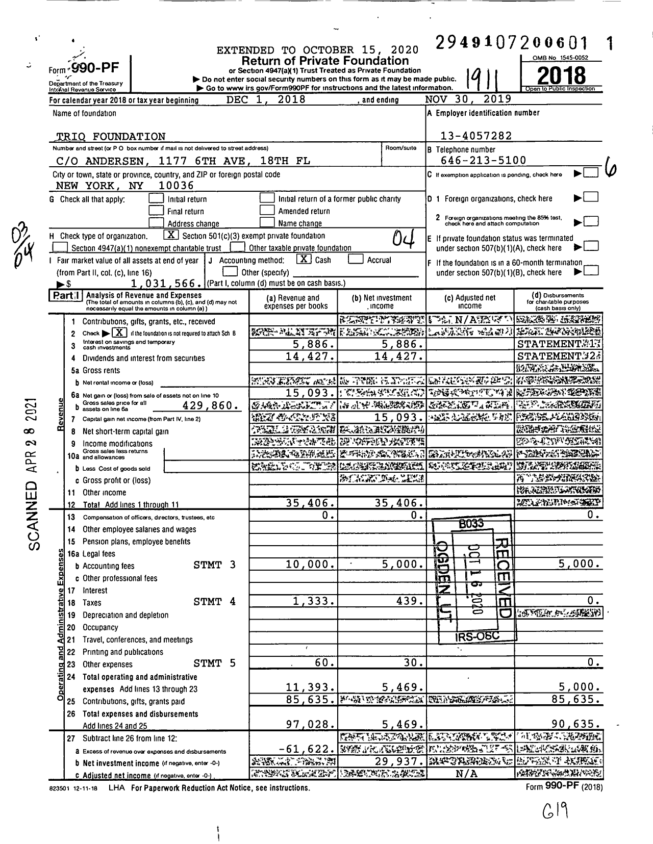 Image of first page of 2018 Form 990PF for Trio Foundation