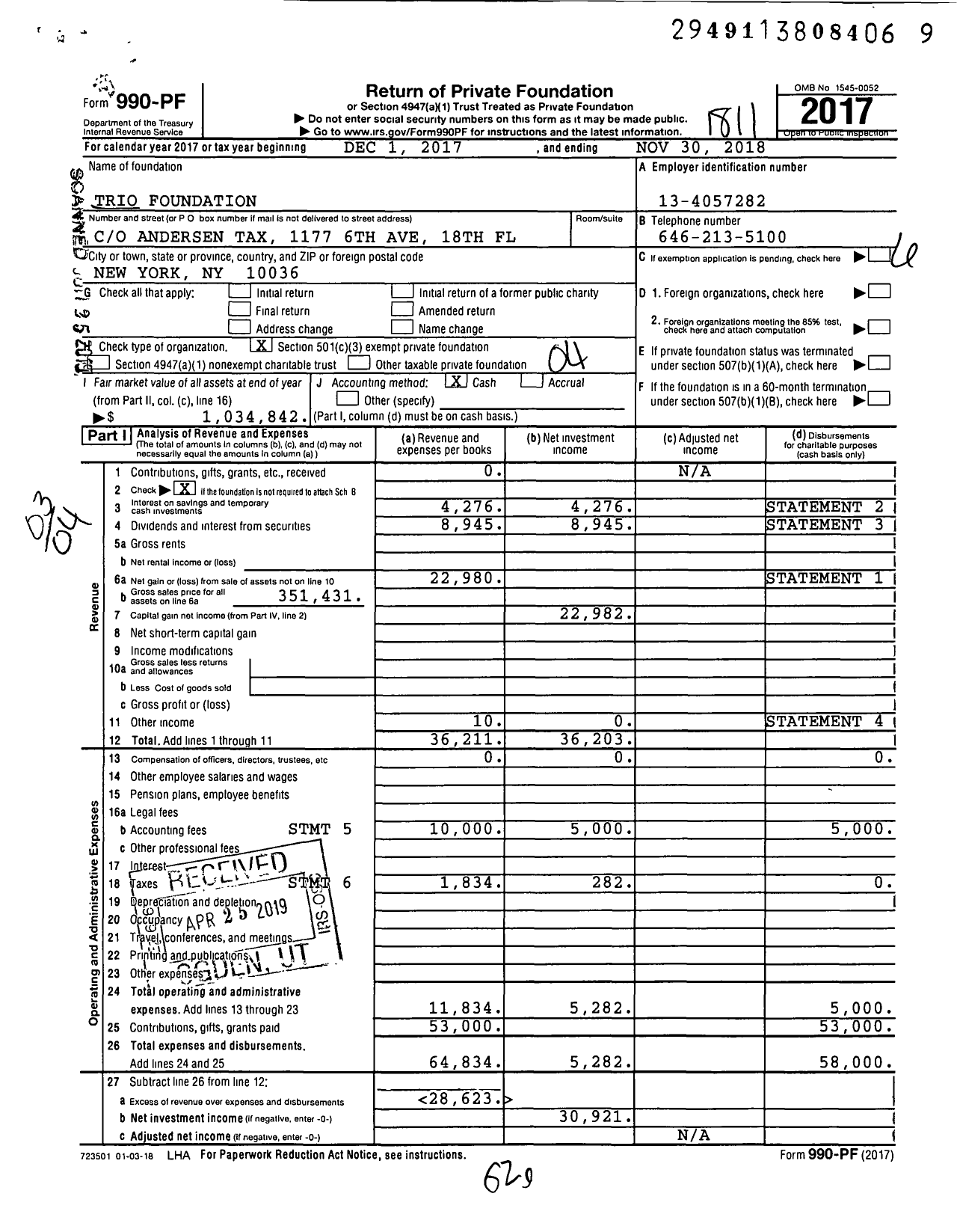 Image of first page of 2017 Form 990PF for Trio Foundation