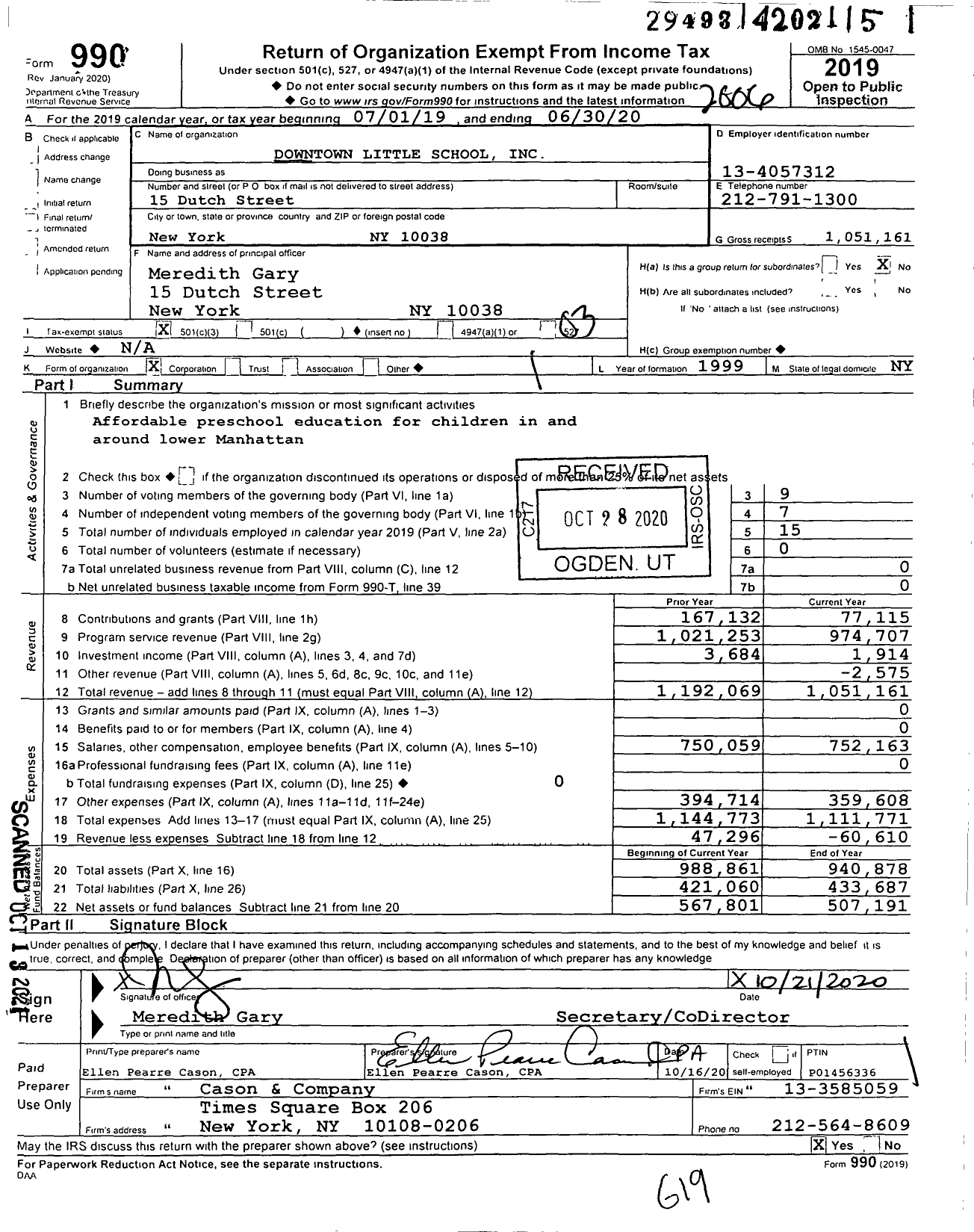 Image of first page of 2019 Form 990 for Downtown Little School