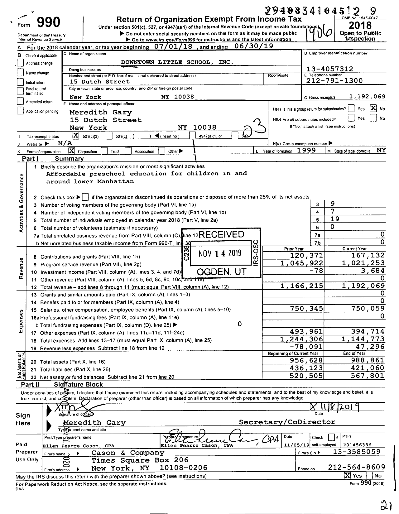 Image of first page of 2018 Form 990 for Downtown Little School