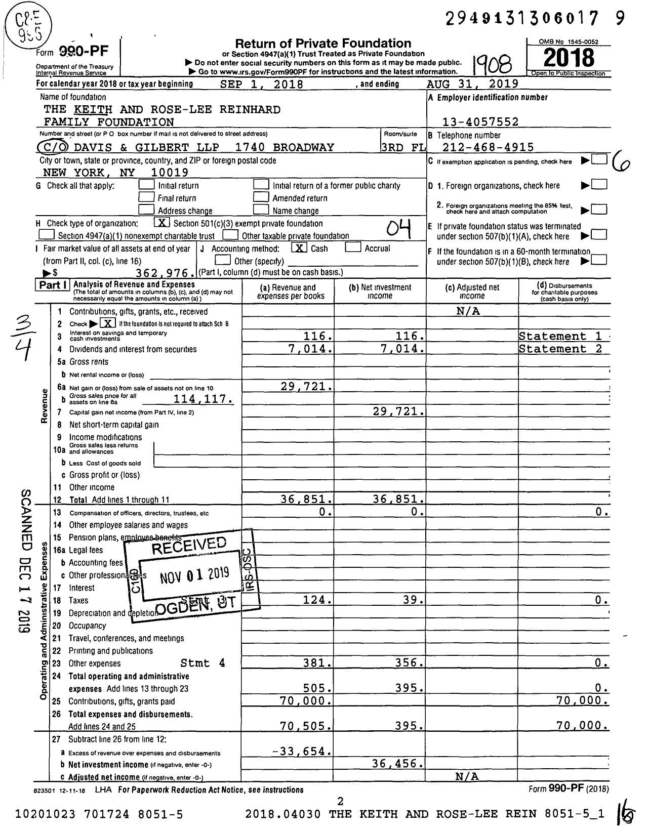 Image of first page of 2018 Form 990PF for The Keith and Rose-Lee Reinhard Family Foundation