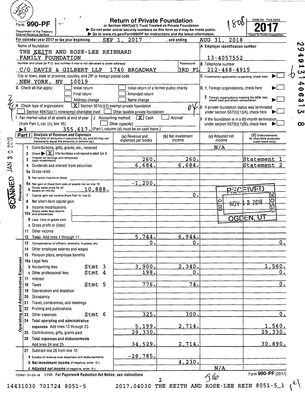 Image of first page of 2017 Form 990PF for The Keith and Rose-Lee Reinhard Family Foundation