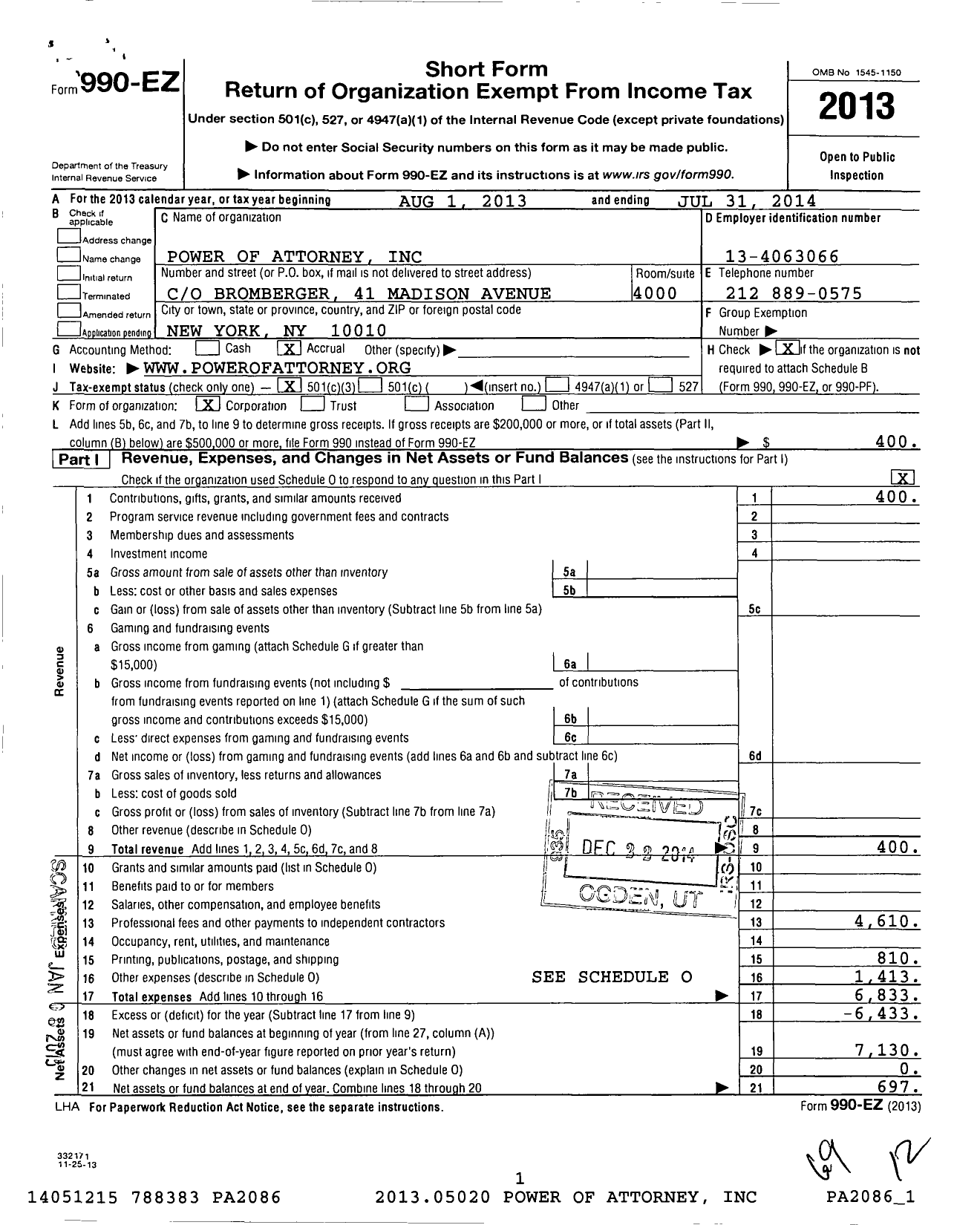 Image of first page of 2013 Form 990EZ for Power of Attorney