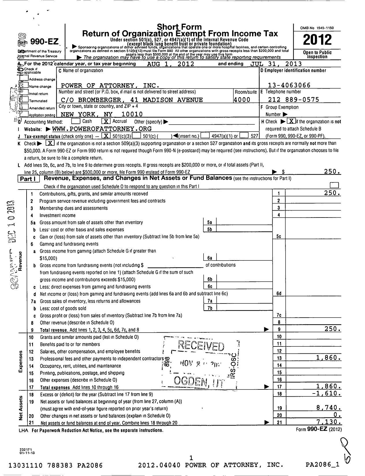 Image of first page of 2012 Form 990EZ for Power of Attorney