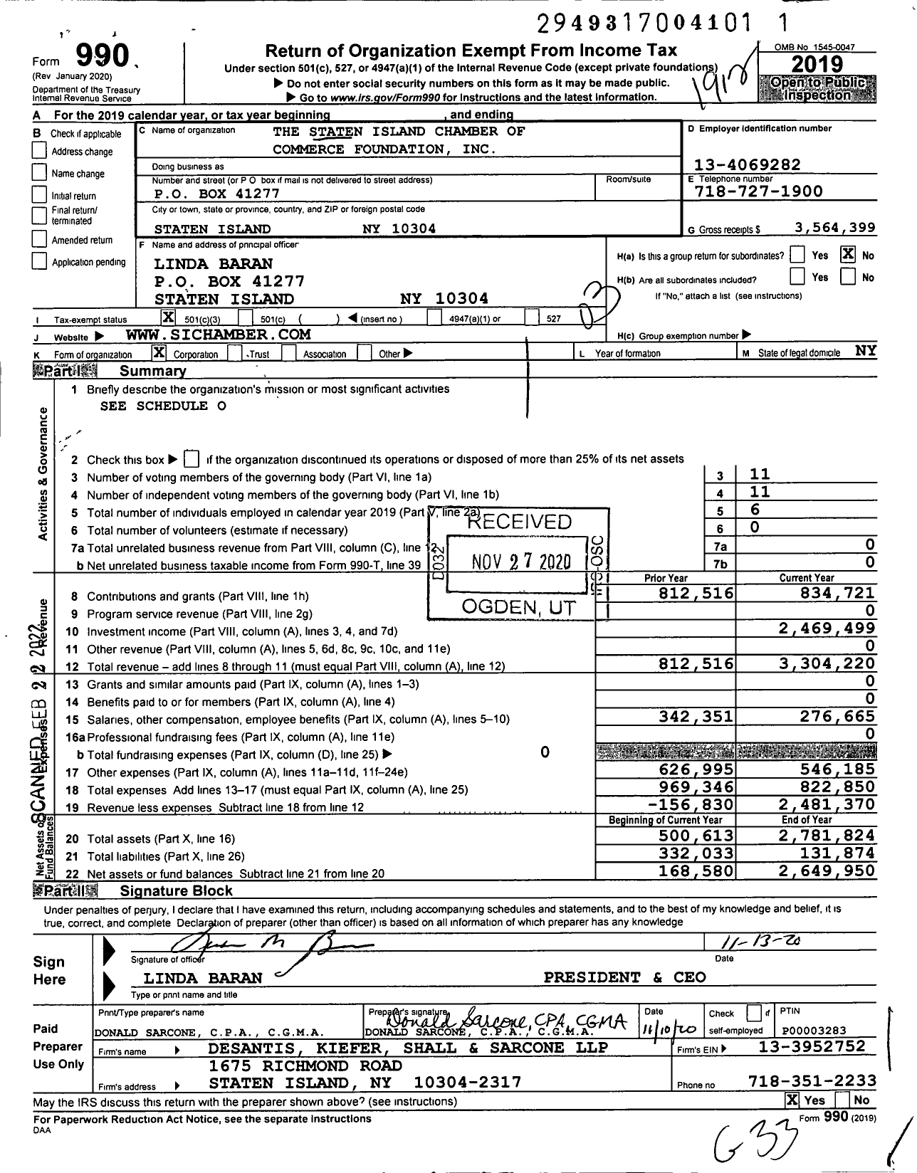 Image of first page of 2019 Form 990 for The Staten Island Chamber of Commerce Foundation