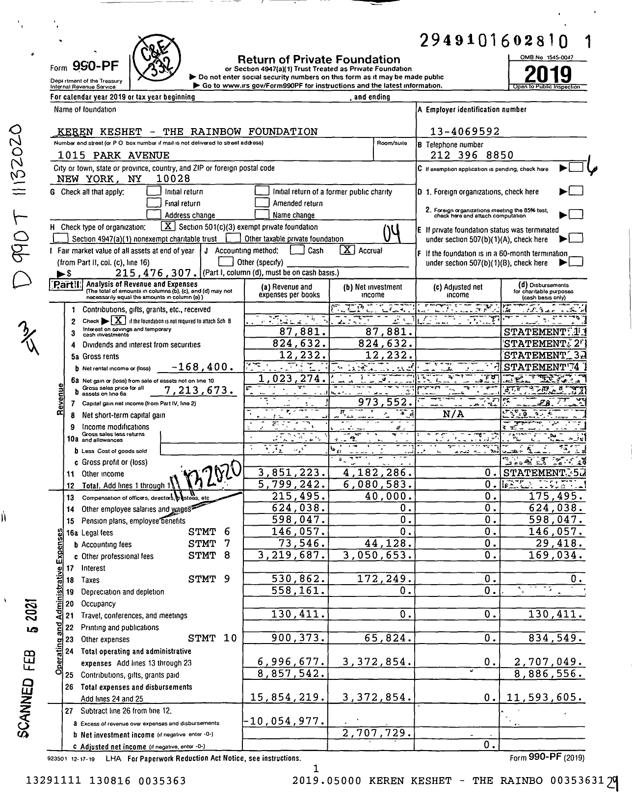 Image of first page of 2019 Form 990PF for Keren Keshet-The Rainbow Foundation