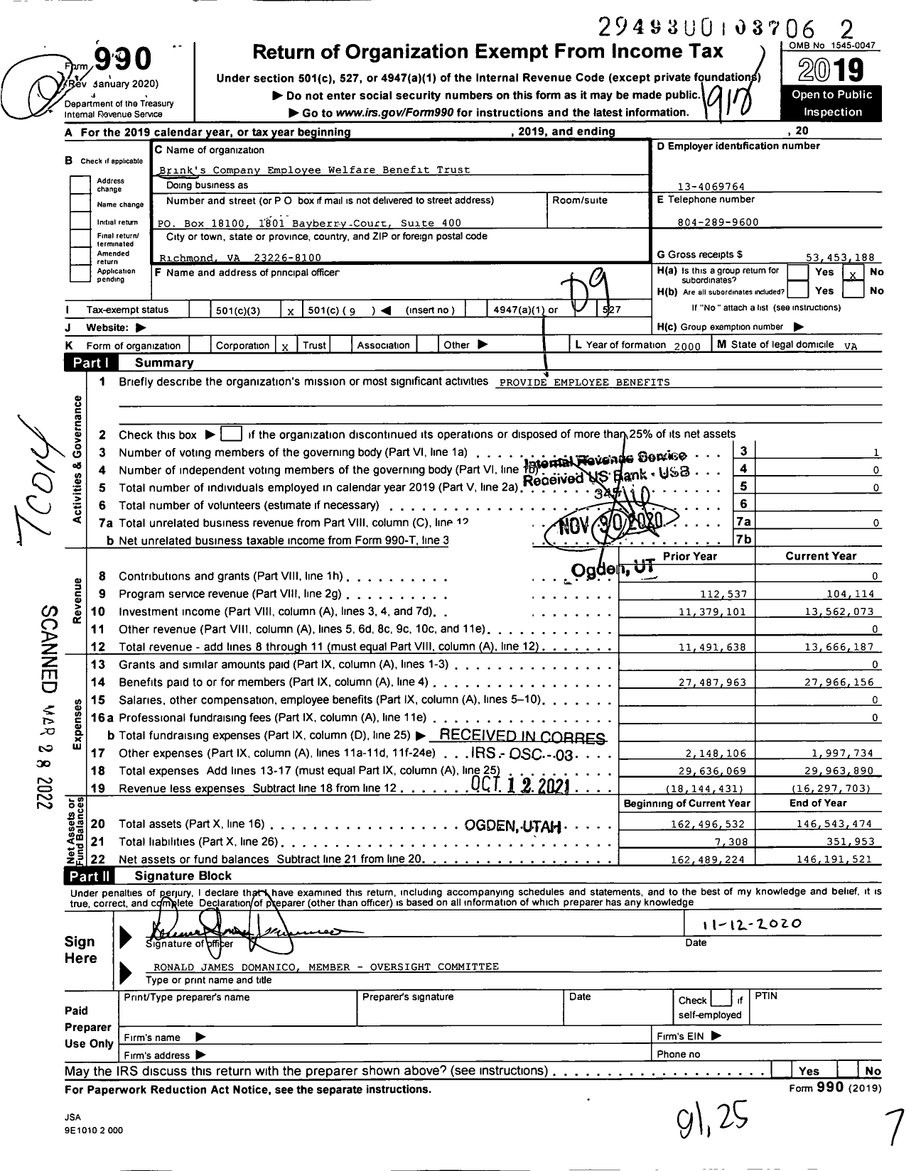 Image of first page of 2019 Form 990O for Brink's Company Employee Welfare Benefit Trust