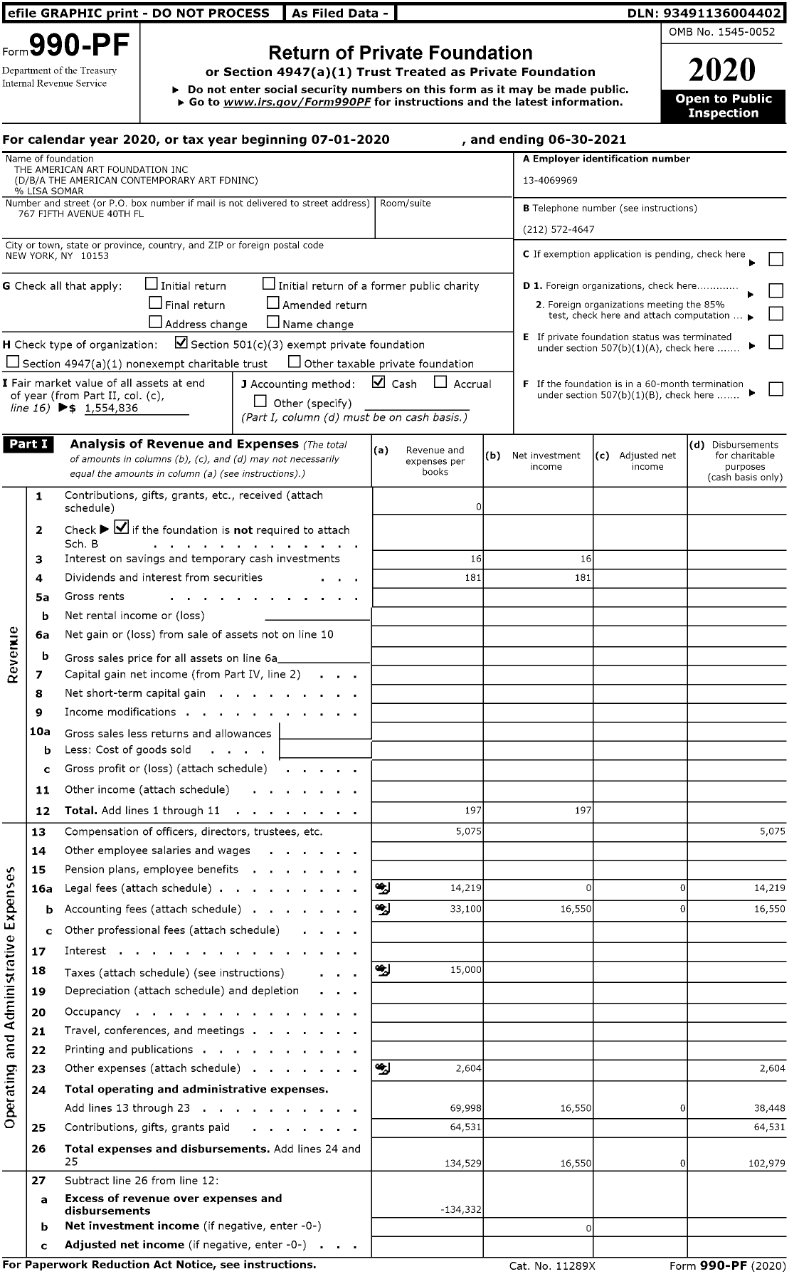 Image of first page of 2020 Form 990PF for The American Art Foundation