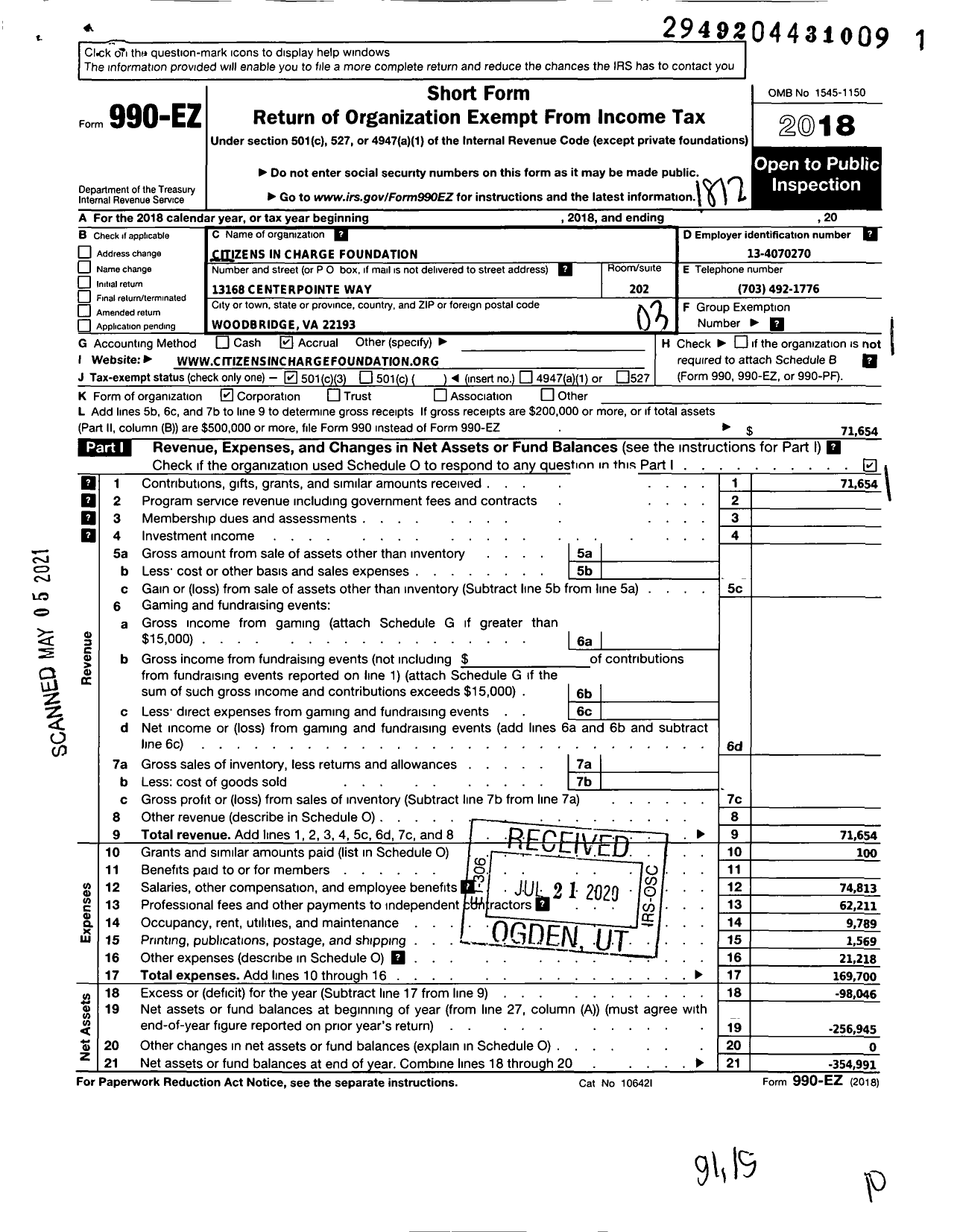 Image of first page of 2018 Form 990EZ for Citizens in Charge Foundation