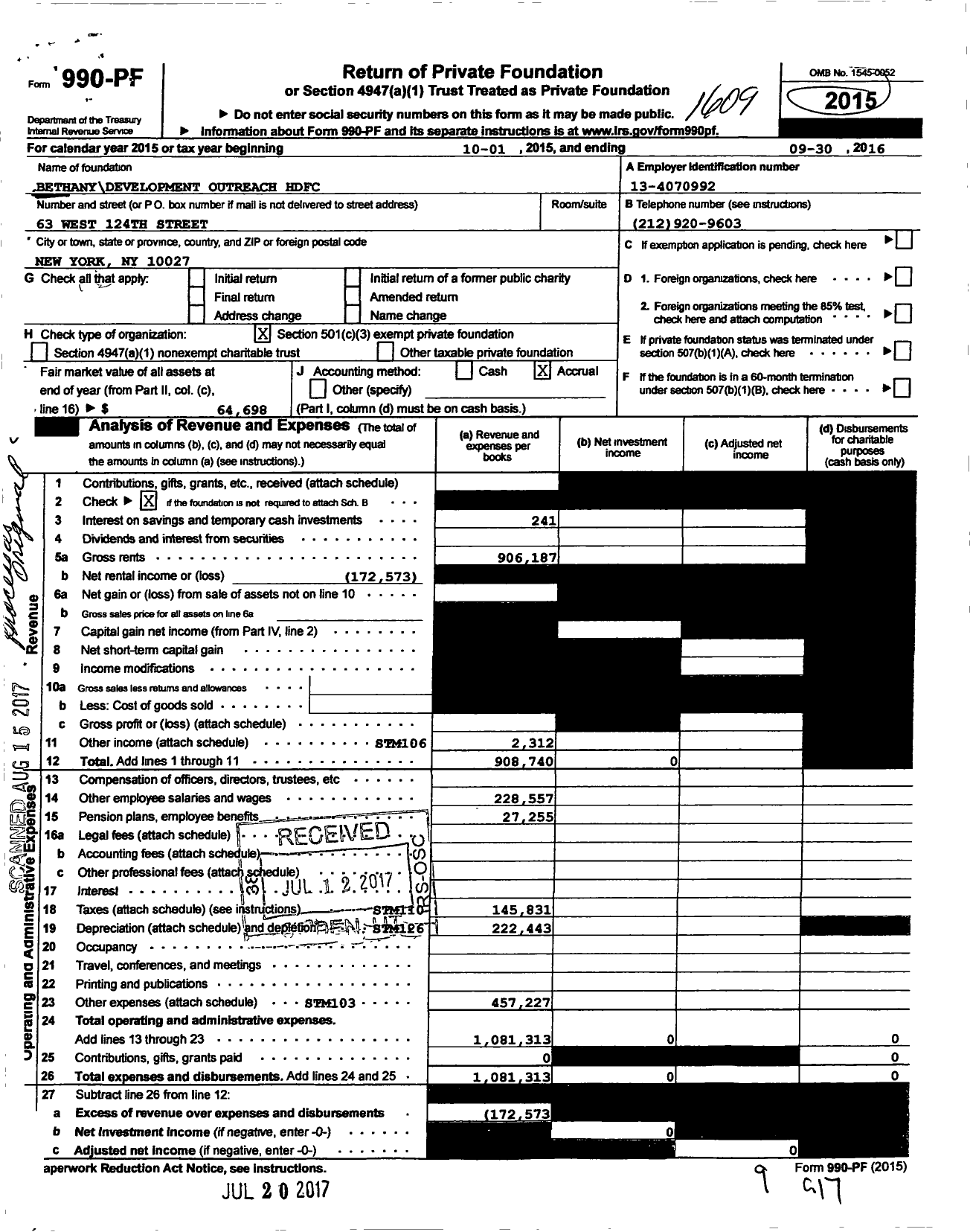 Image of first page of 2015 Form 990PF for Bethany Development Outreach HDFC