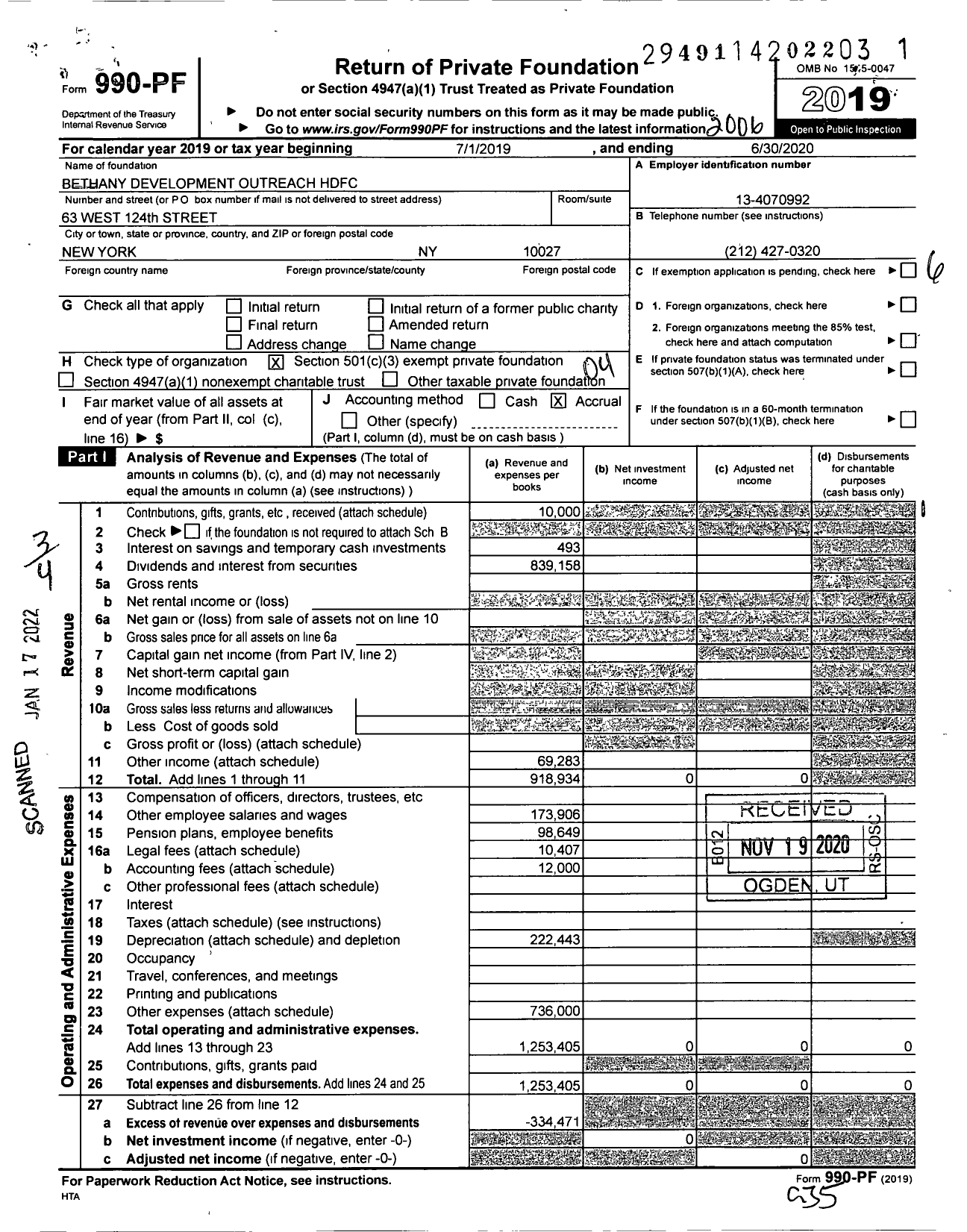 Image of first page of 2019 Form 990PF for Bethany Development Outreach HDFC