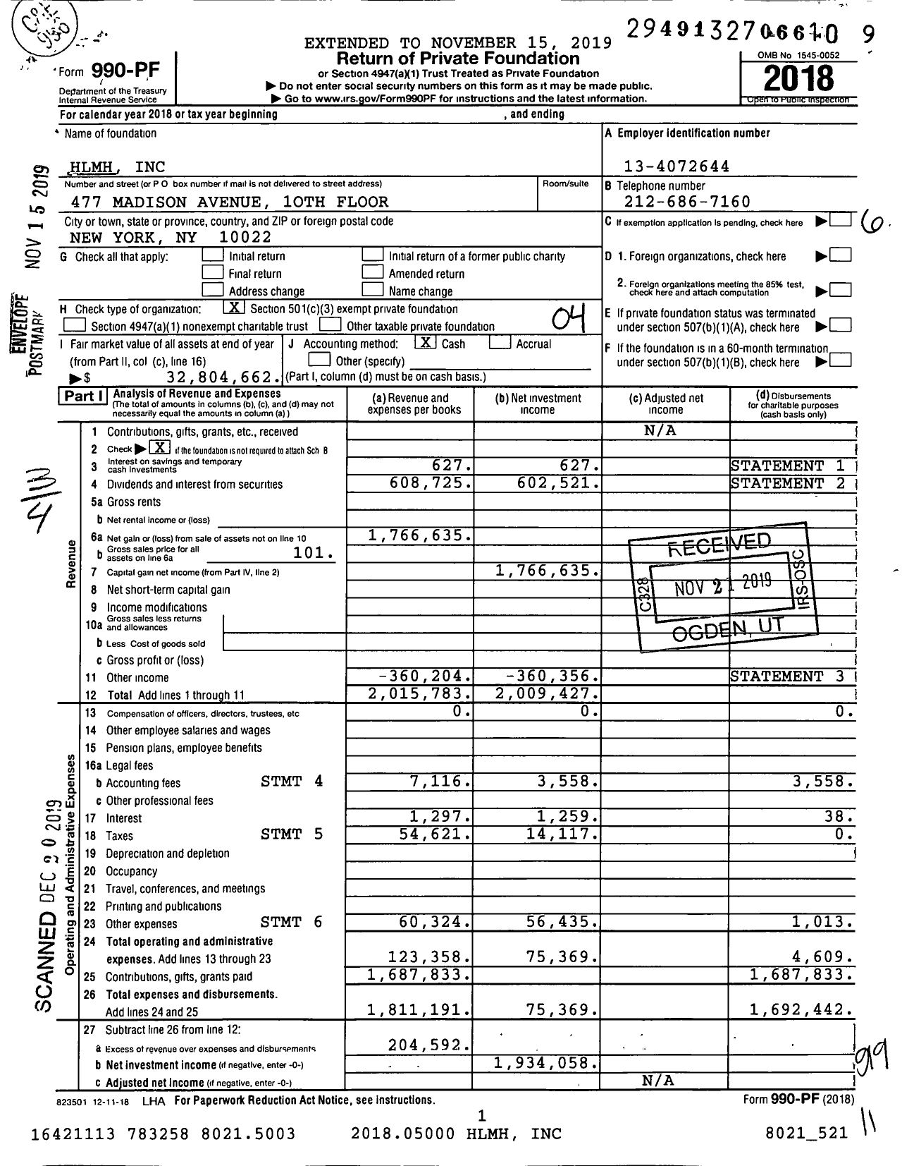 Image of first page of 2018 Form 990PF for HLMH