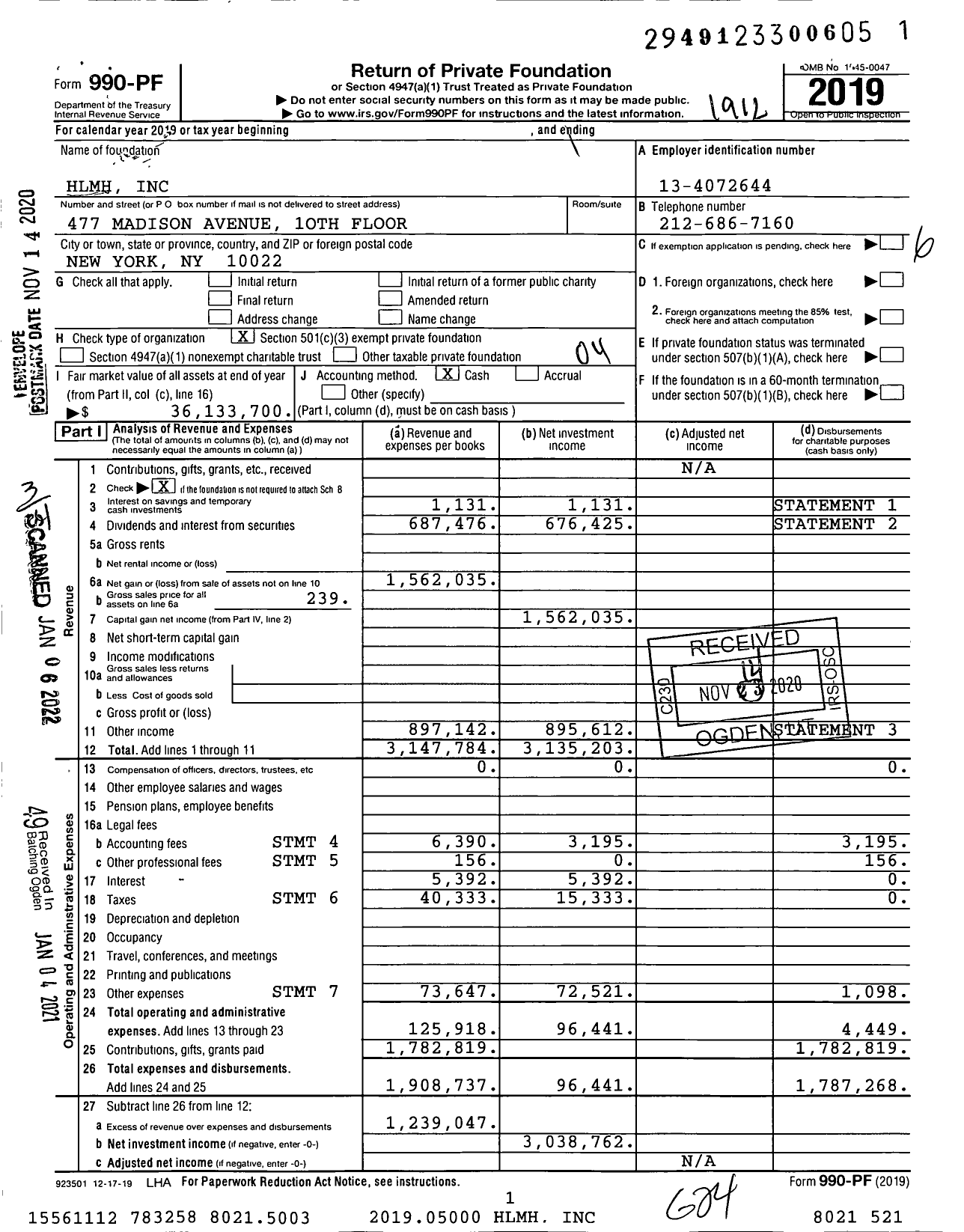 Image of first page of 2019 Form 990PF for HLMH