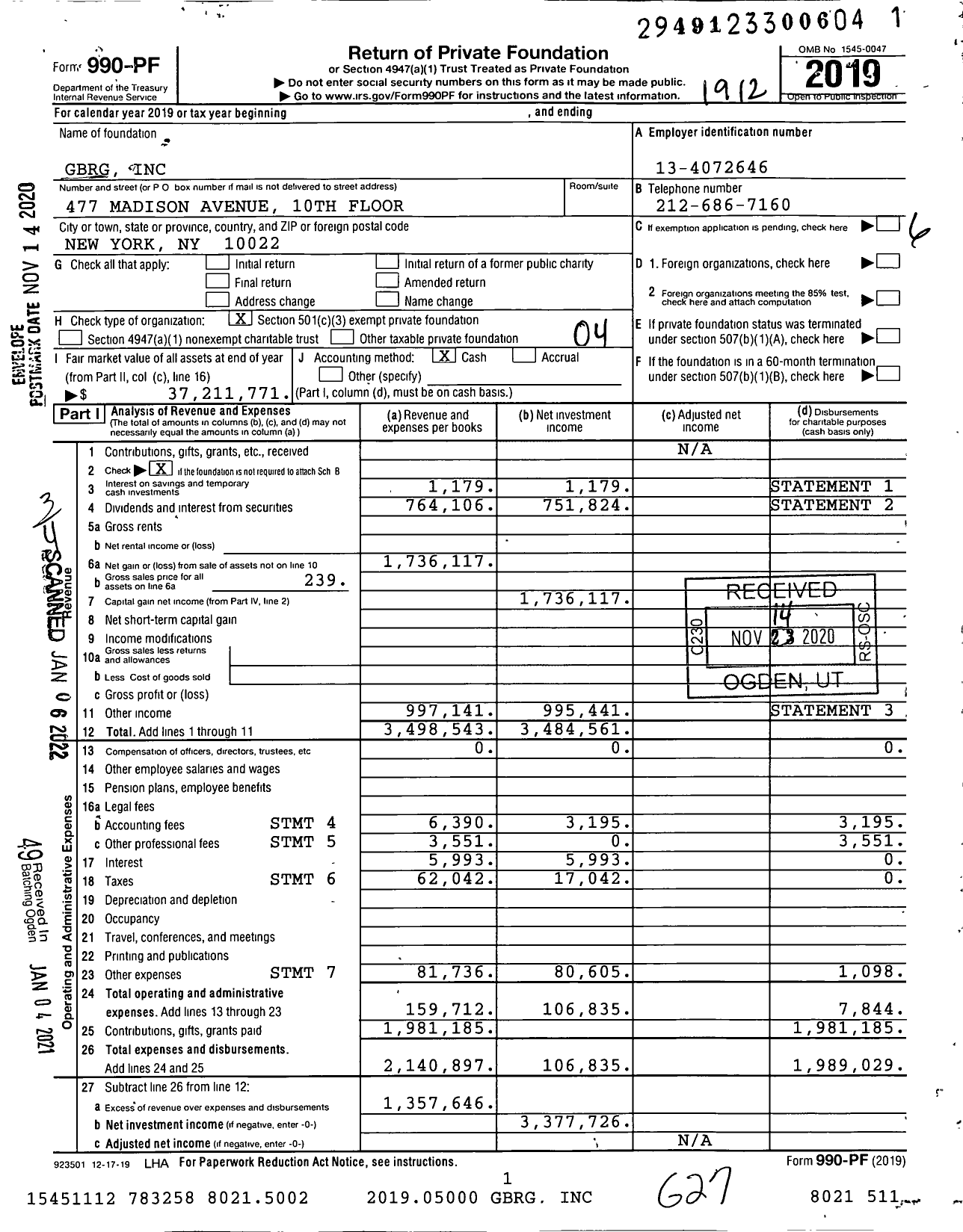 Image of first page of 2019 Form 990PF for GBRG