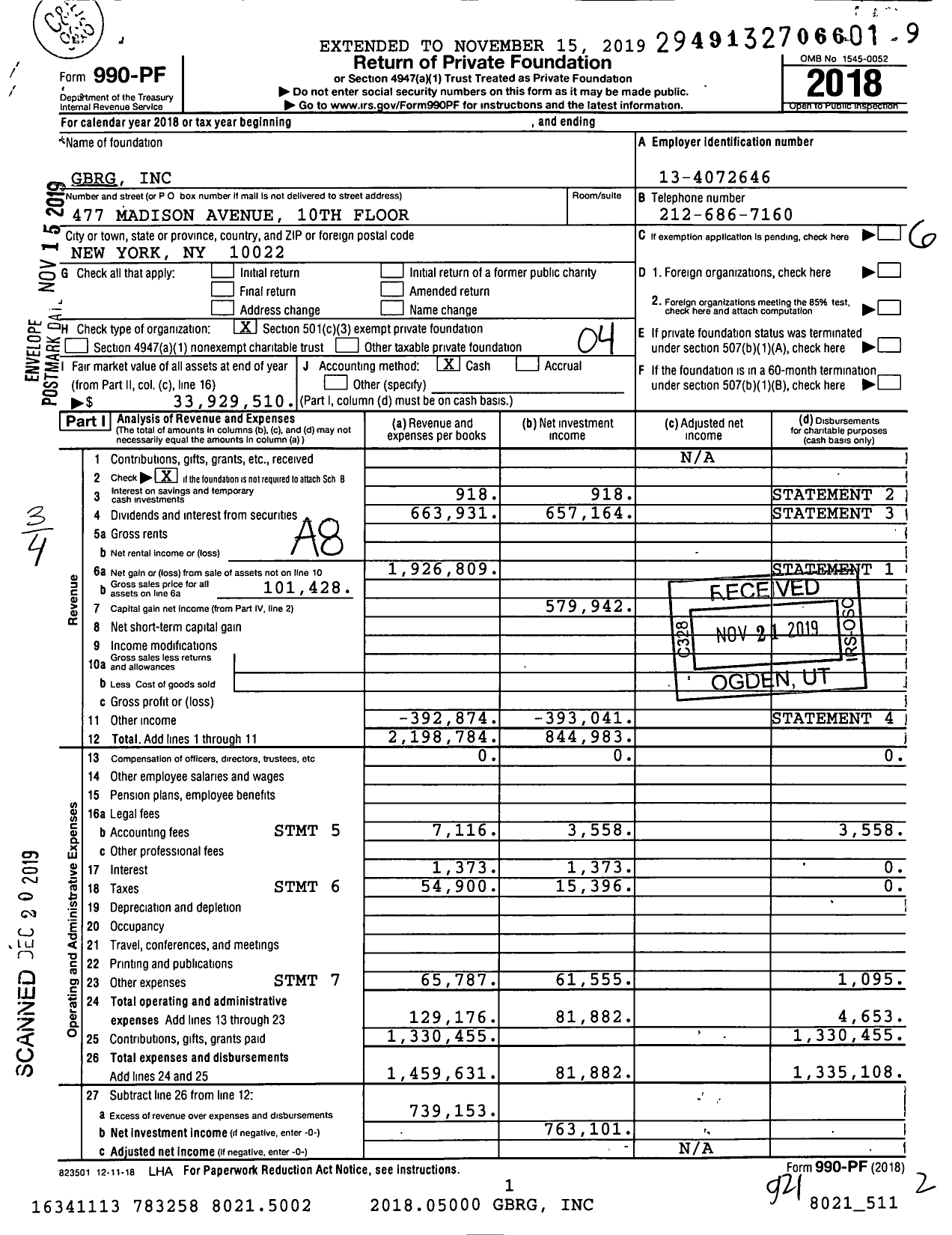 Image of first page of 2018 Form 990PF for GBRG