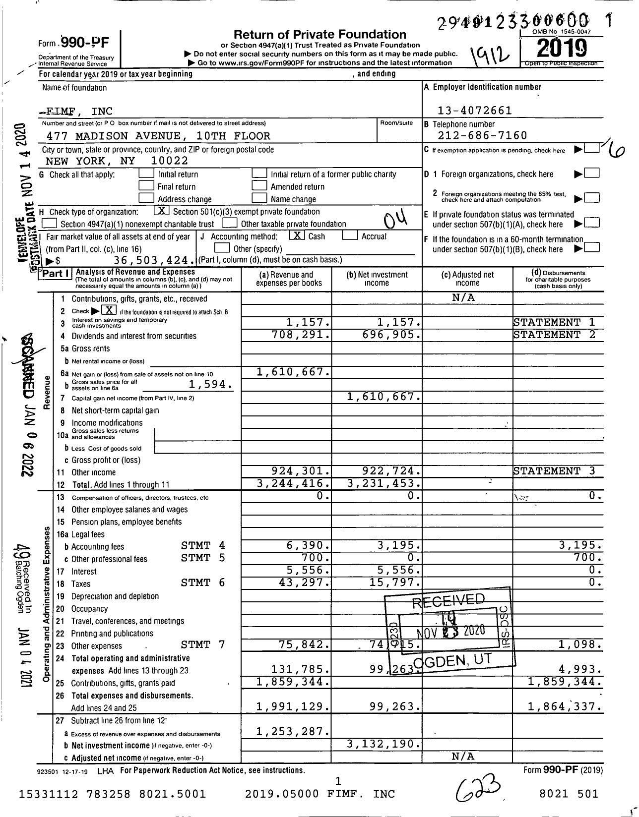 Image of first page of 2019 Form 990PF for Fimf