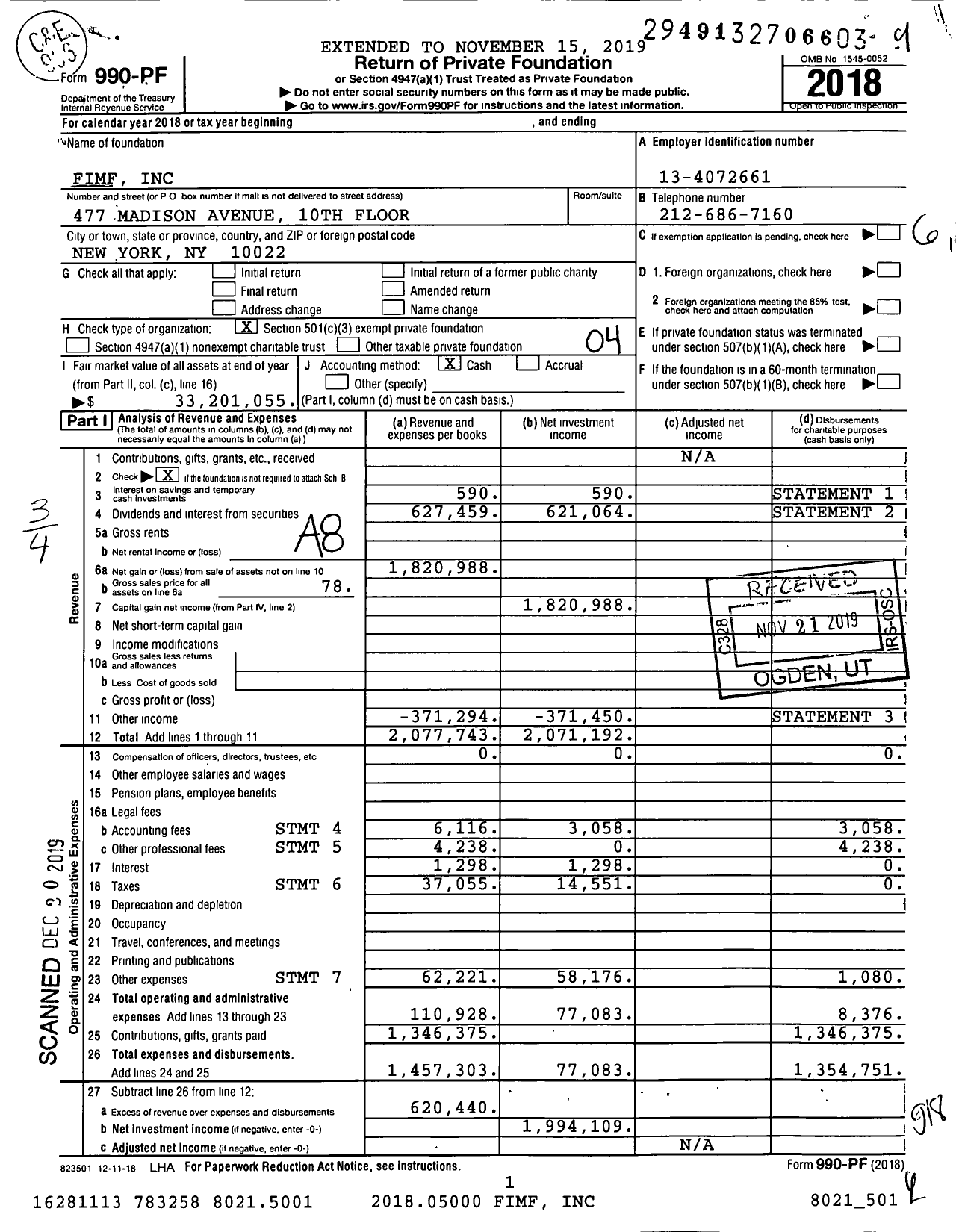 Image of first page of 2018 Form 990PF for Fimf