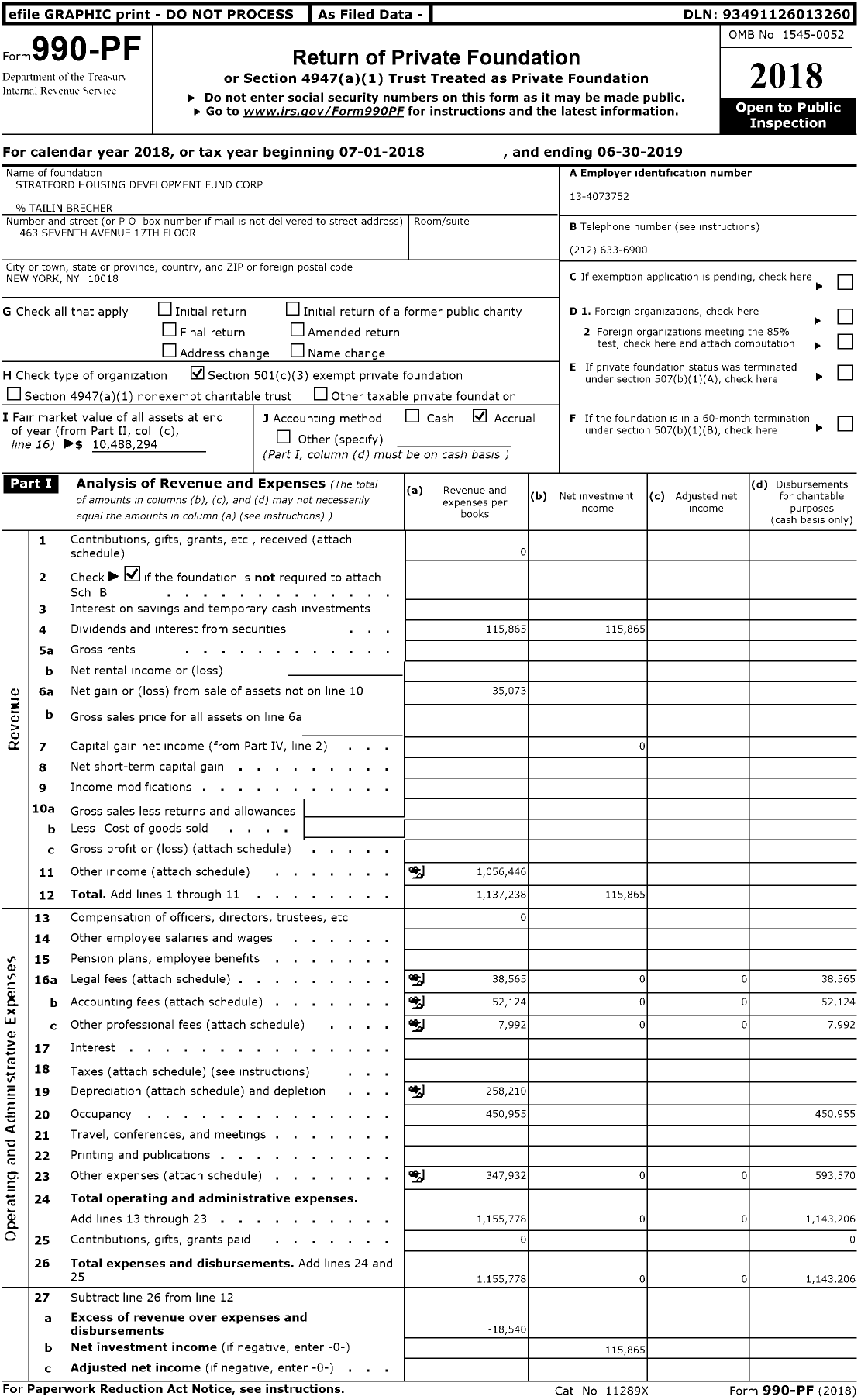 Image of first page of 2018 Form 990PR for Stratford Housing Development Fund Corporation