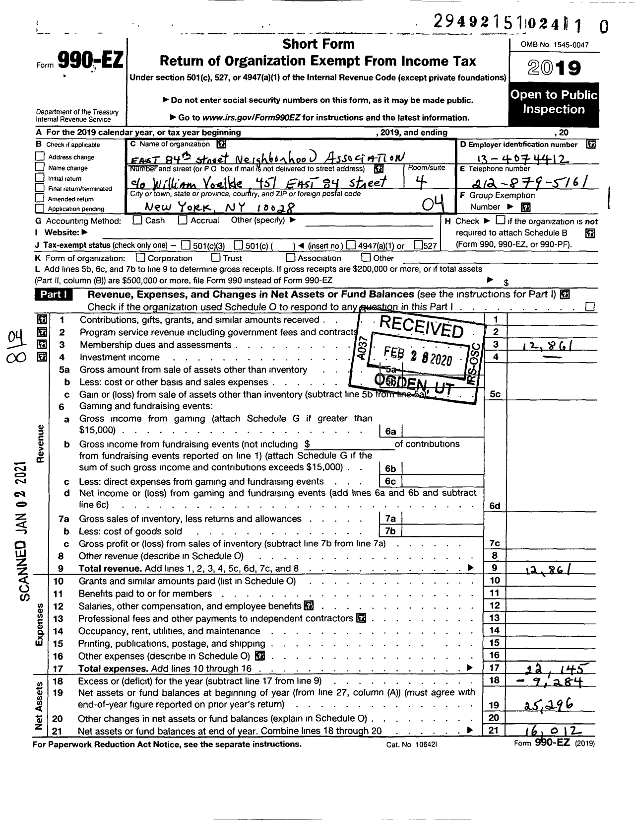 Image of first page of 2019 Form 990EO for East 84th Street Neighborhood Association