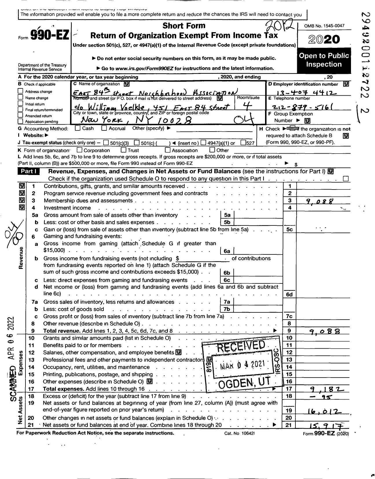 Image of first page of 2020 Form 990EO for East 84th Street Neighborhood Association