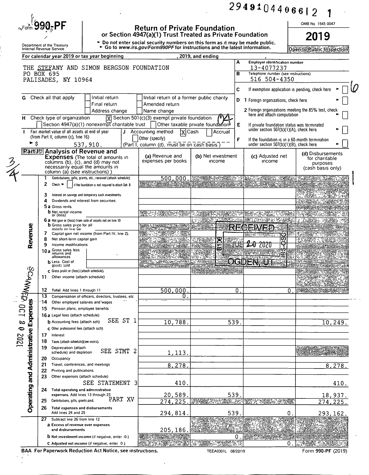 Image of first page of 2019 Form 990PF for The Stefany and Simon Bergson Foundation