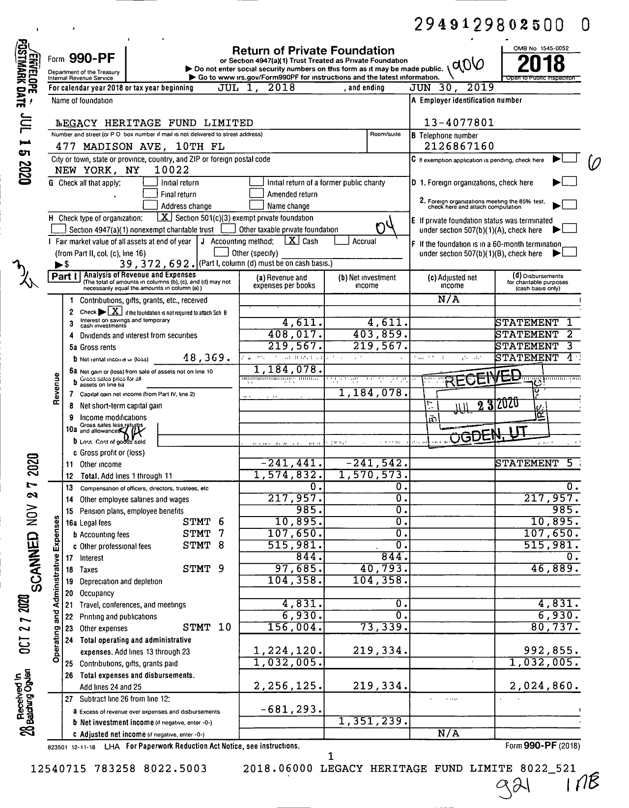 Image of first page of 2018 Form 990PF for Legacy Heritage Fund Limited