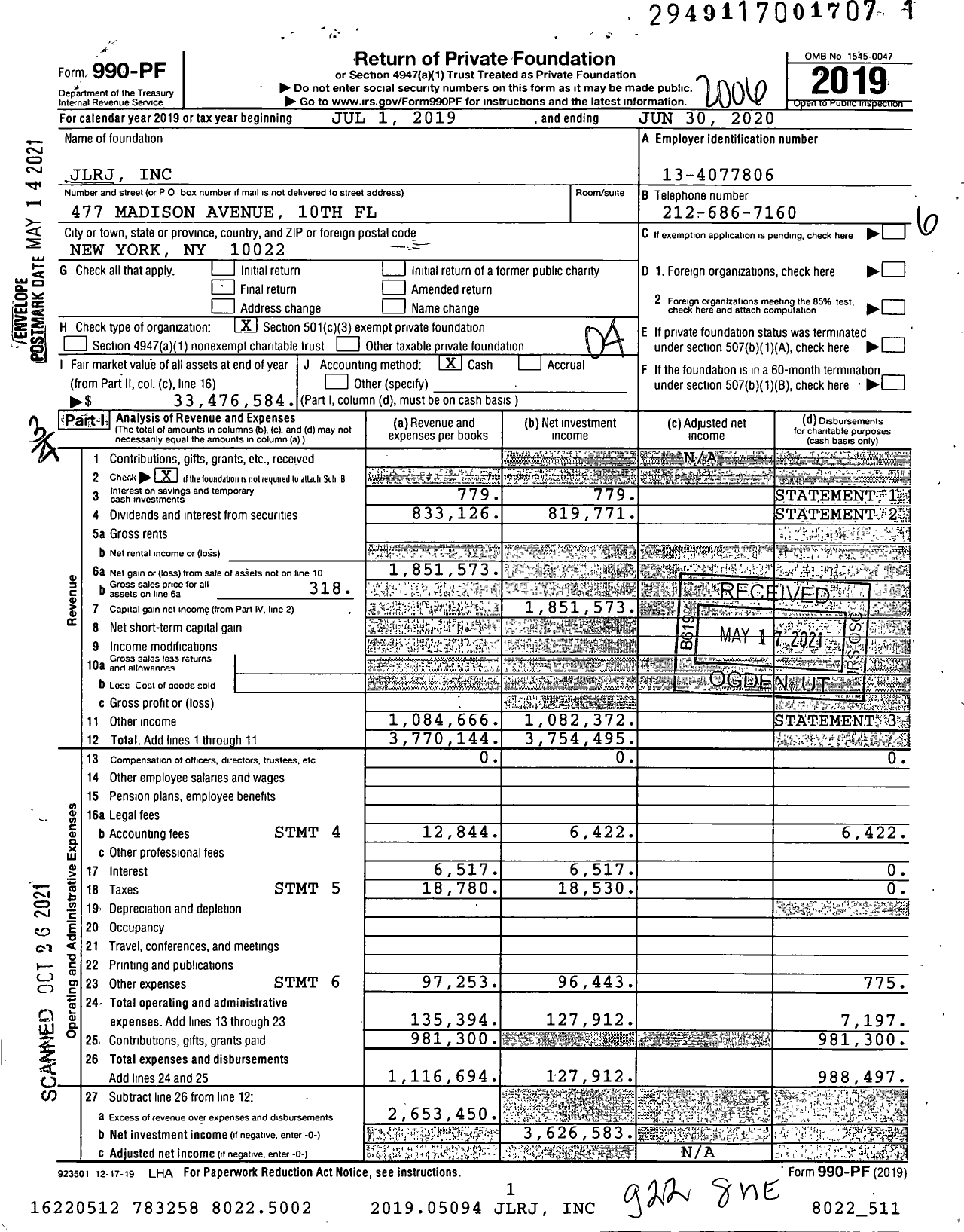 Image of first page of 2019 Form 990PF for JLRJ